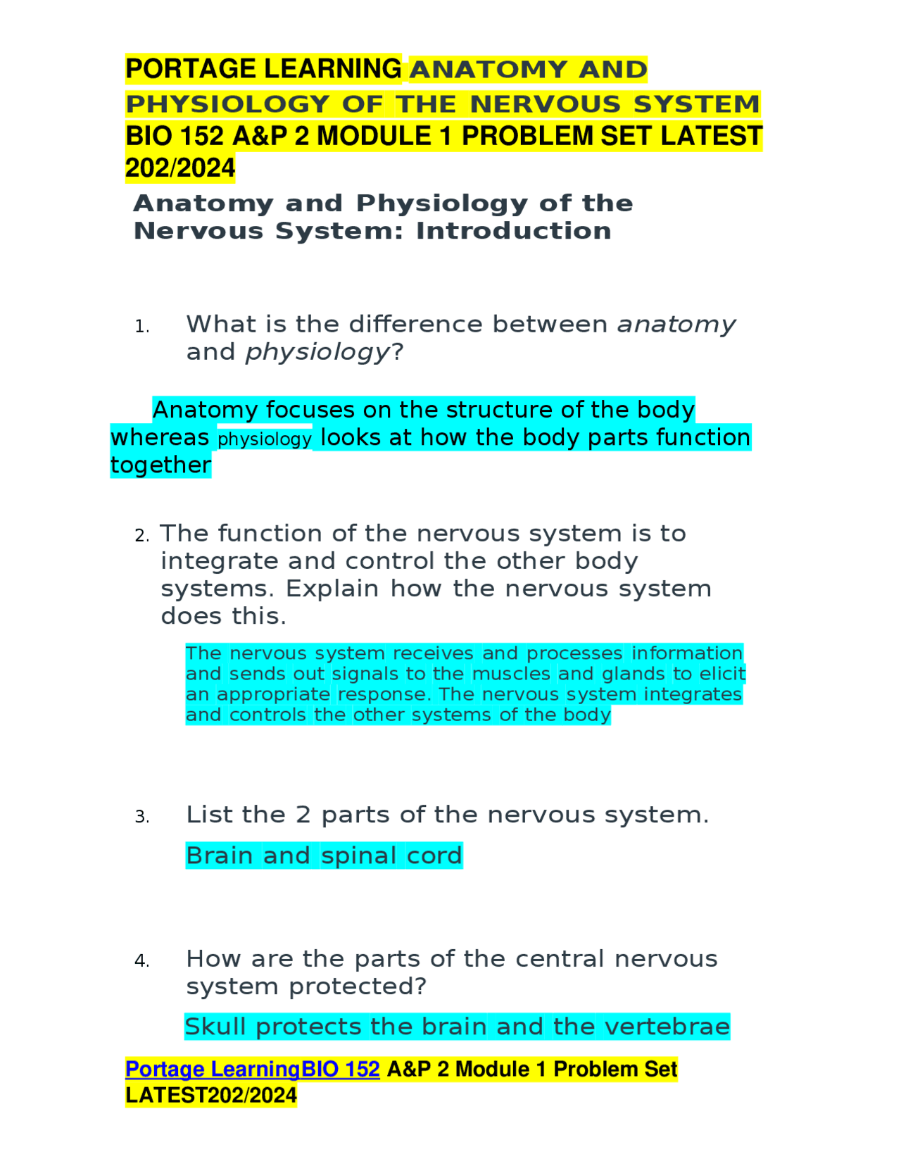 PORTAGE LEARNING ANATOMY AND PHYSIOLOGY OF THE NERVOUS SYSTEM BIO 152 A ...