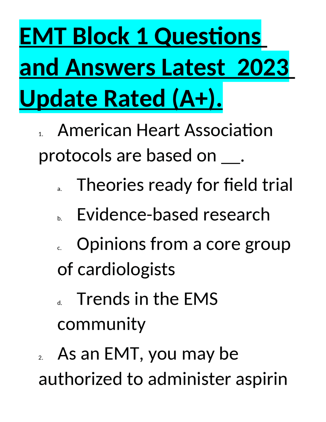 EMT Block 1 Questions and Answers Exams Nursing Docsity