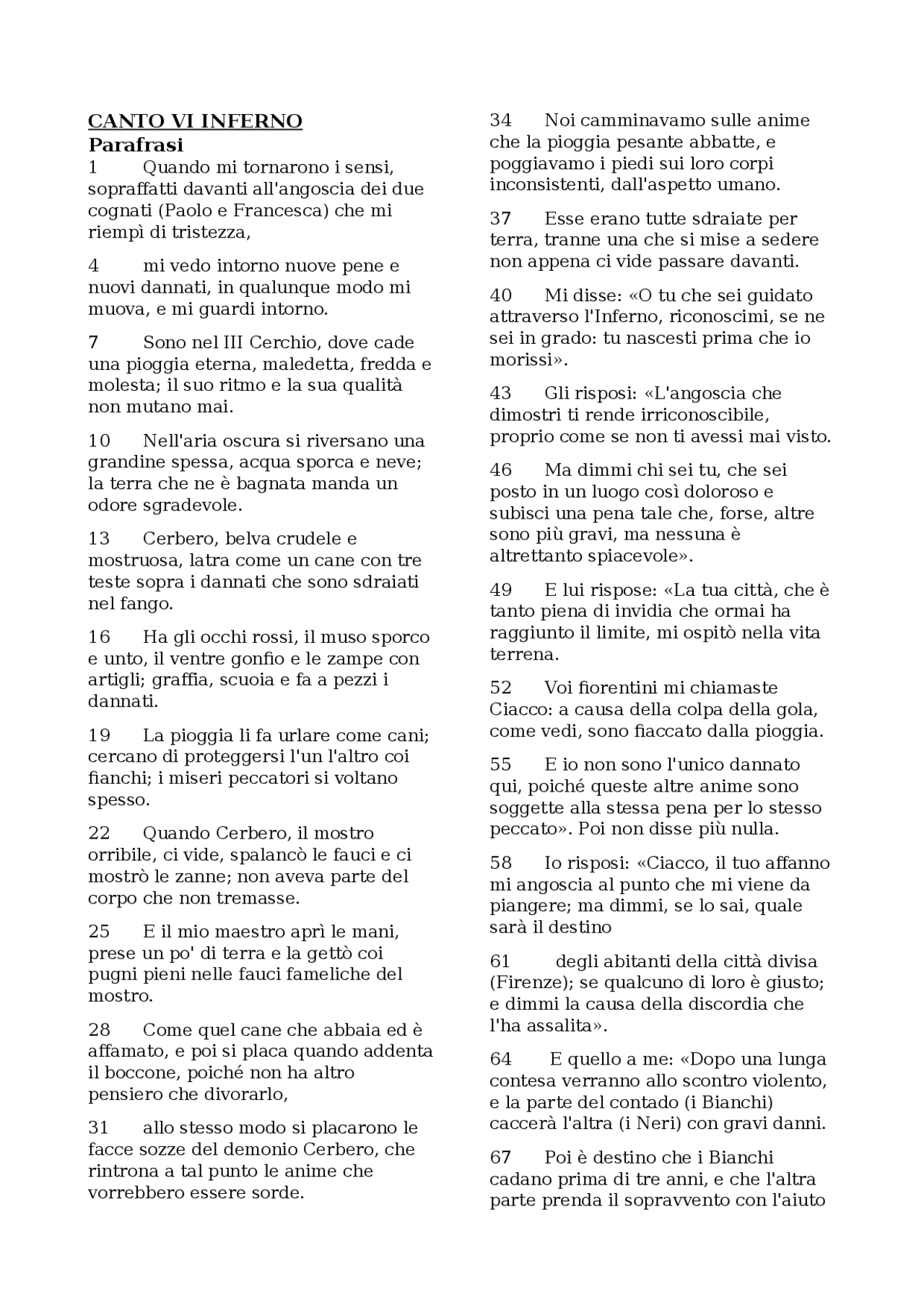Parafrasi del Canto VI e VII dell'Inferno di Dante Alighieri | Dispense ...