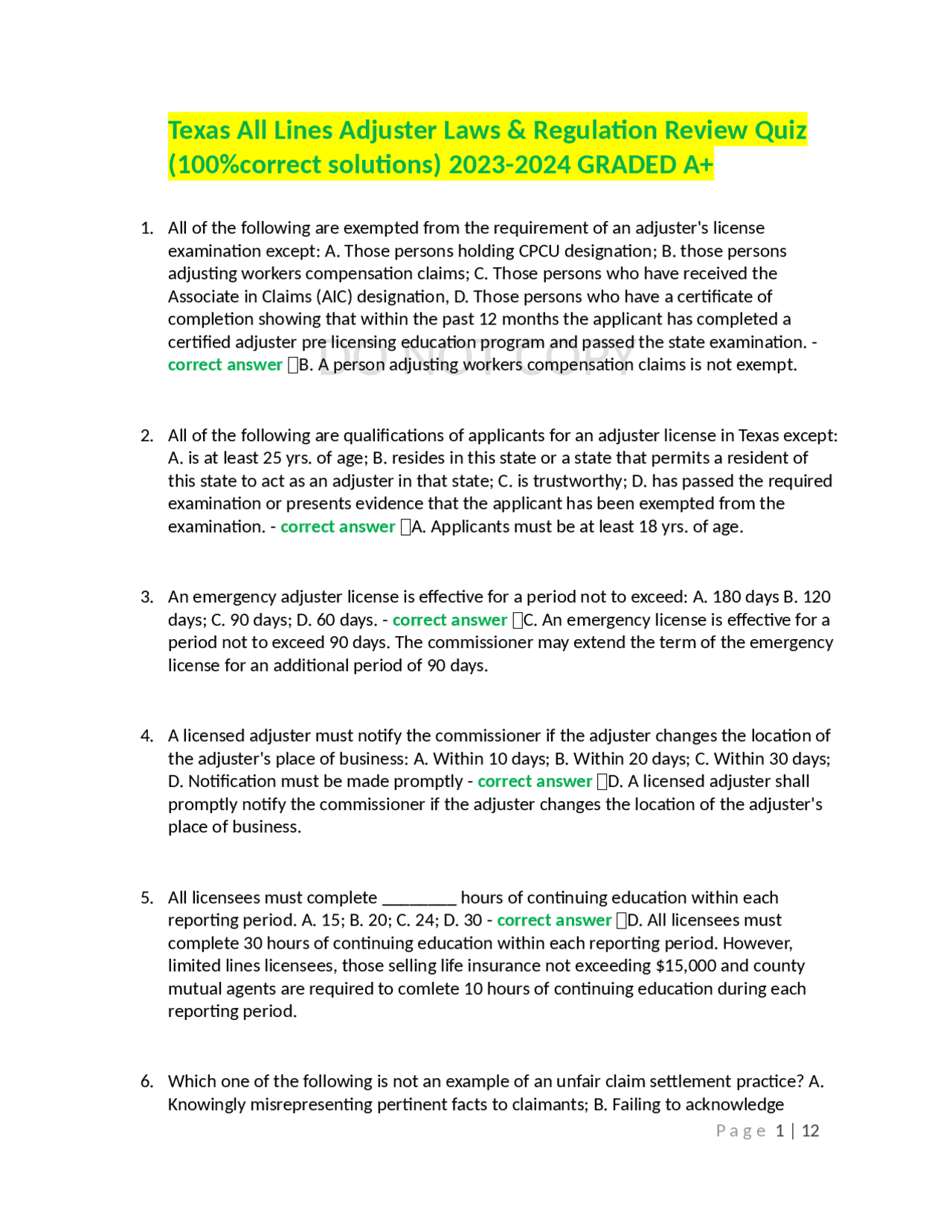 Texas All Lines Adjuster Laws & Regulation Review Quiz (100correct