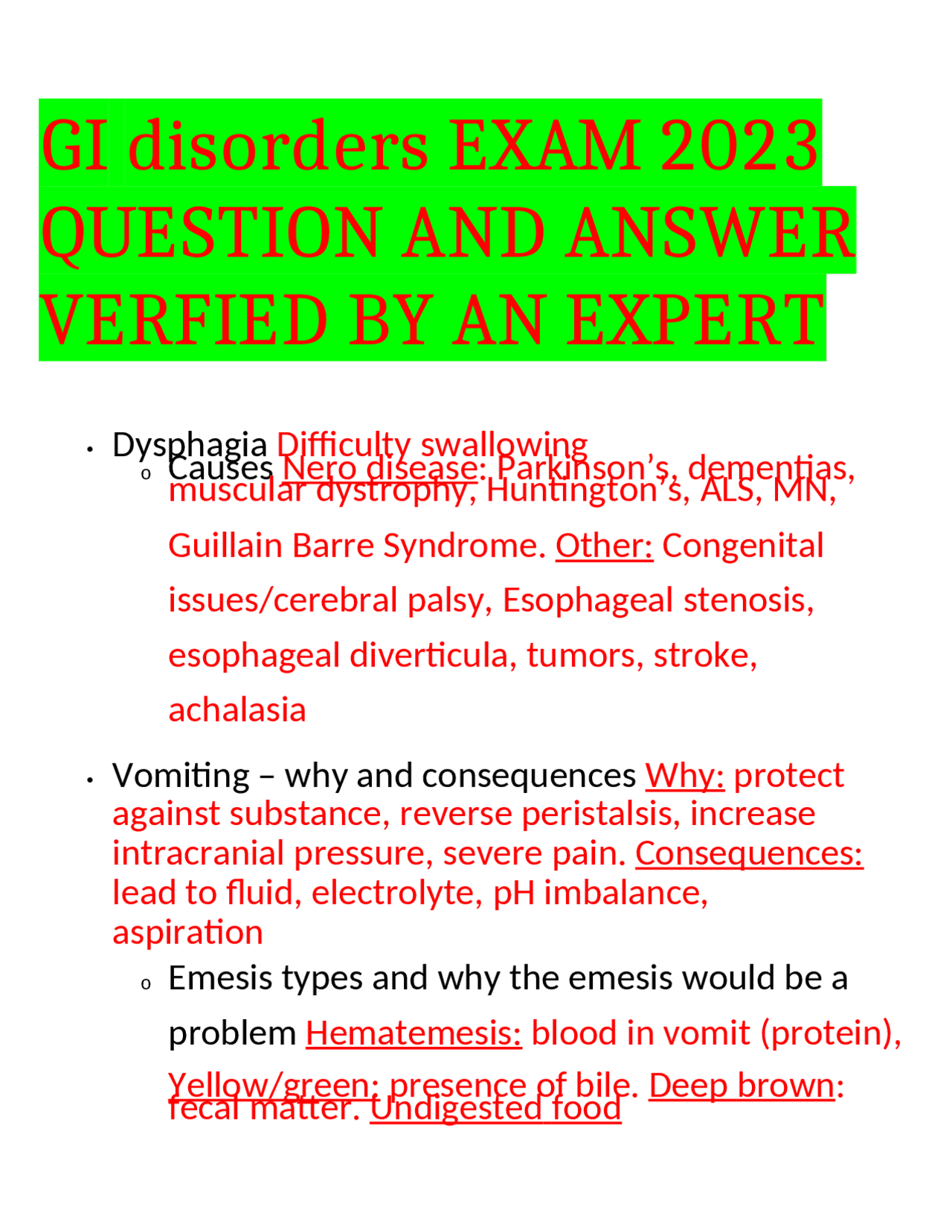 GI disorders EXAM 2023 QUESTION AND ANSWER VERFIED BY AN EXPERT Exams
