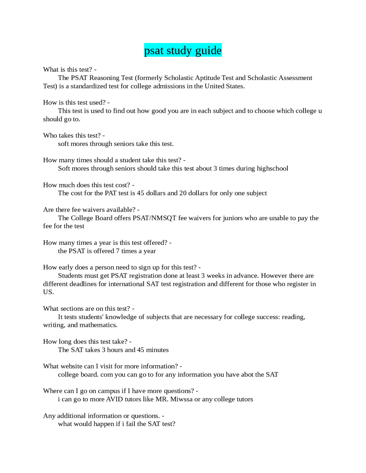 Preliminary Scholastic Aptitude Test (PSAT) | Exams Literature | Docsity