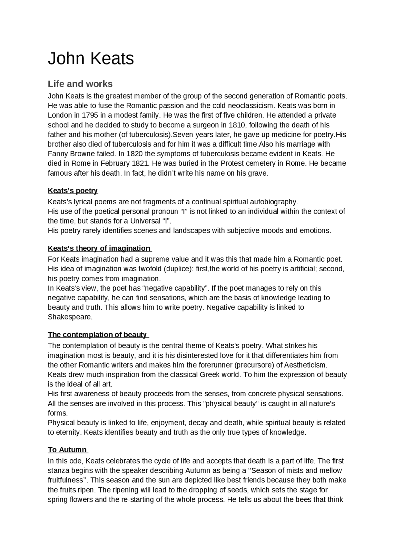 John Keats romantic poet Dispense di Inglese Docsity