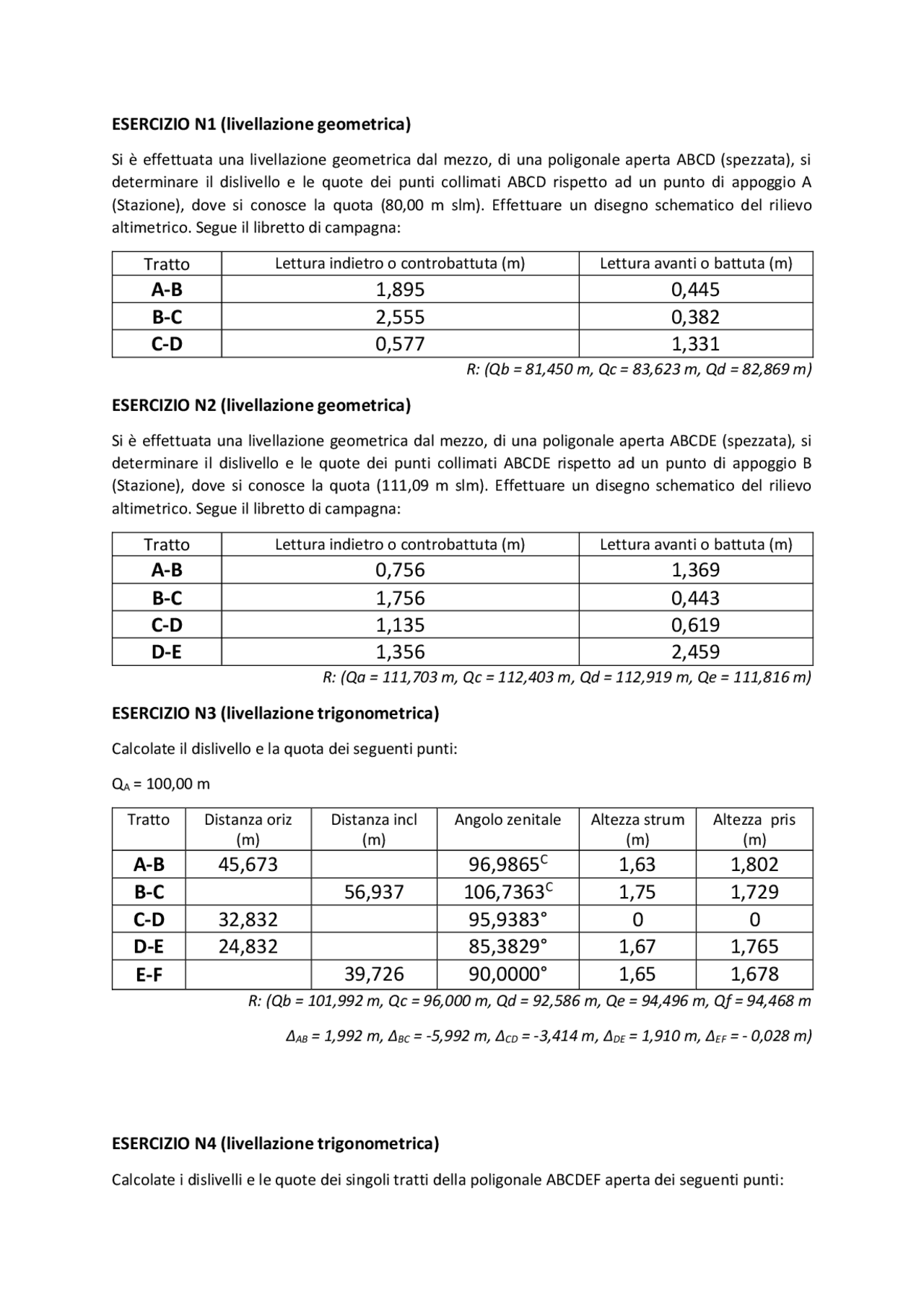 Livellazione geometrica Esercizi di Topografia Docsity
