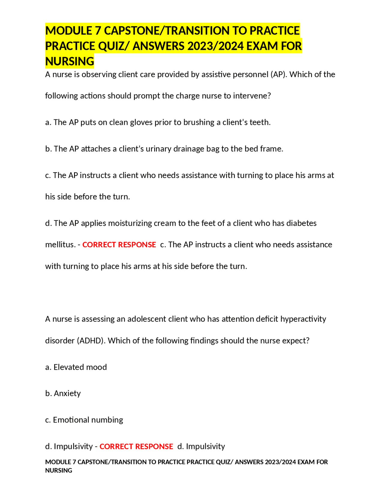 MODULE 7 CAPSTONE/TRANSITION TO PRACTICE PRACTICE QUIZ/ ANSWERS 2023/