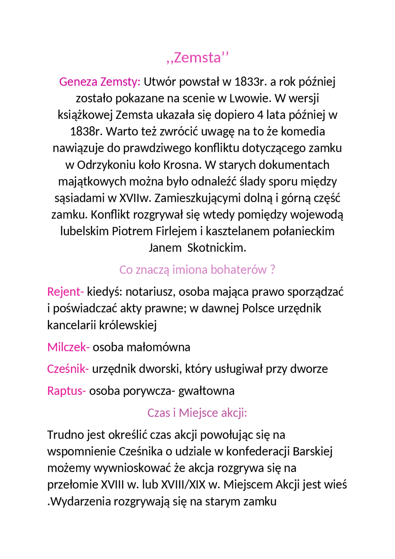 Lektura Zemsta Notatki Do Lektury Notatki J zyk Polski Docsity
