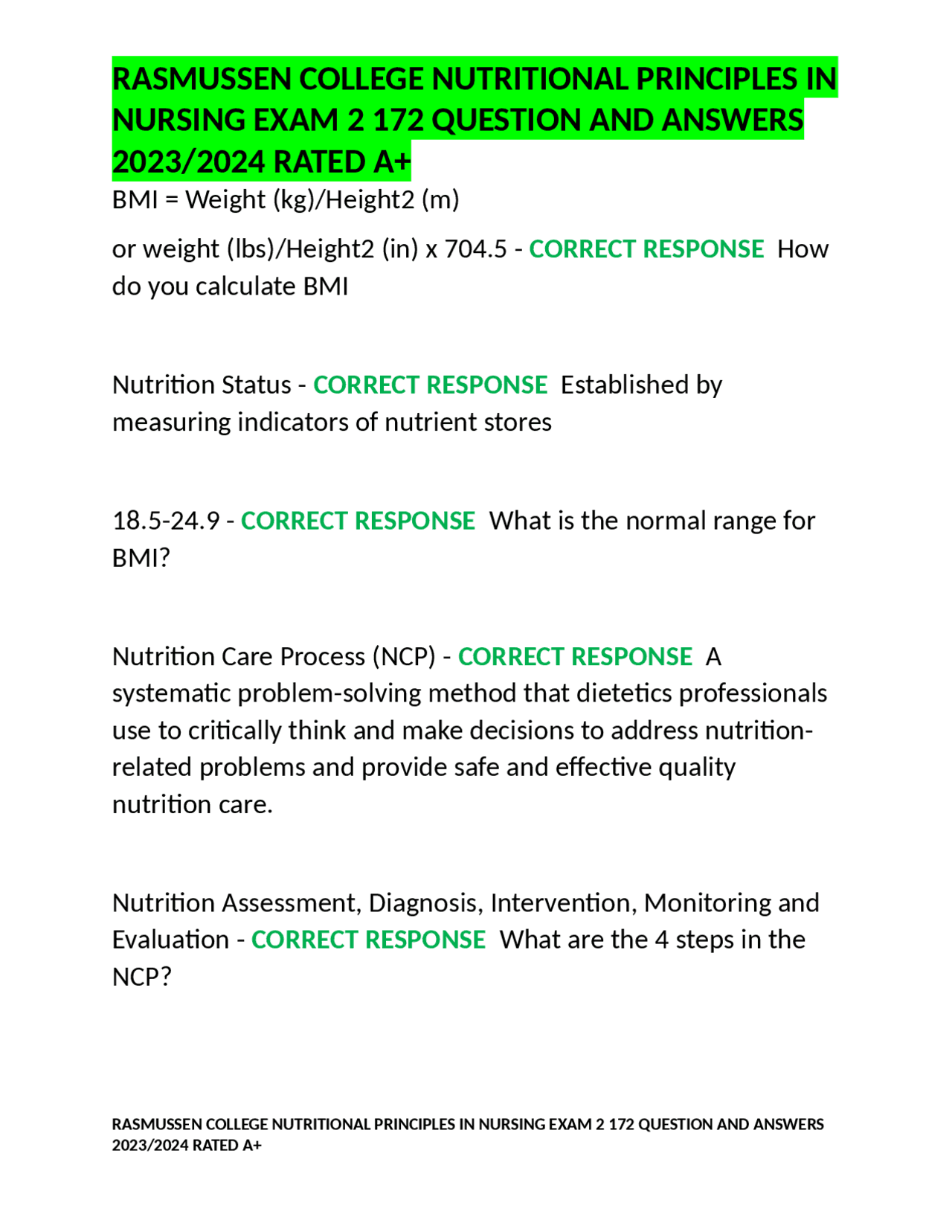 Rasmussen College Nutritional Principles In Nursing Exam 2 172 Question