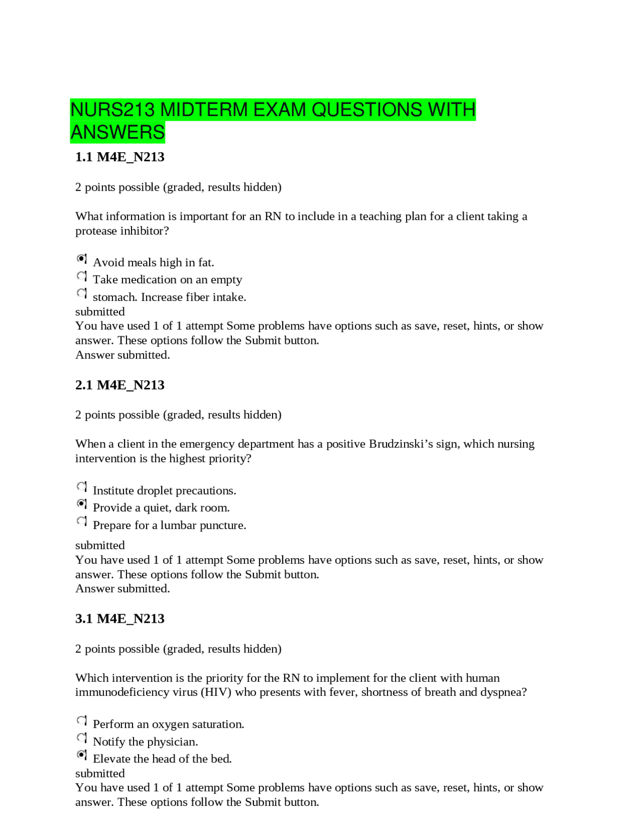 NURS213 Midterm Exam Questions with Answers | Exams Nursing | Docsity