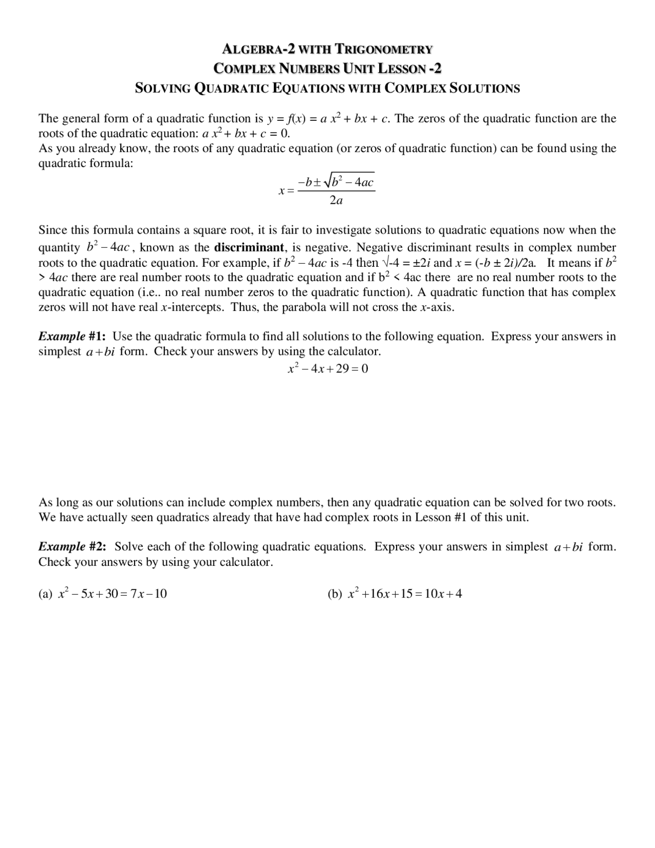 Complex numbers for ALgebra 2 | Exercises Mathematics | Docsity