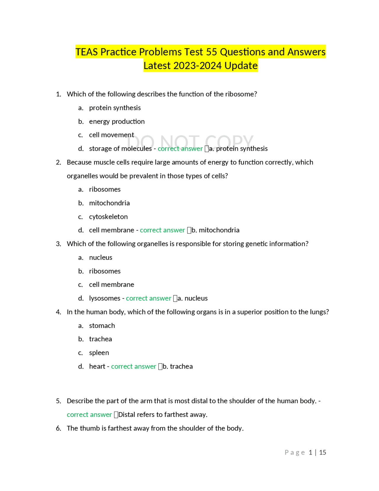 TEAS Practice Problems Test 55 Questions and Answers Latest 2023-2024 ...