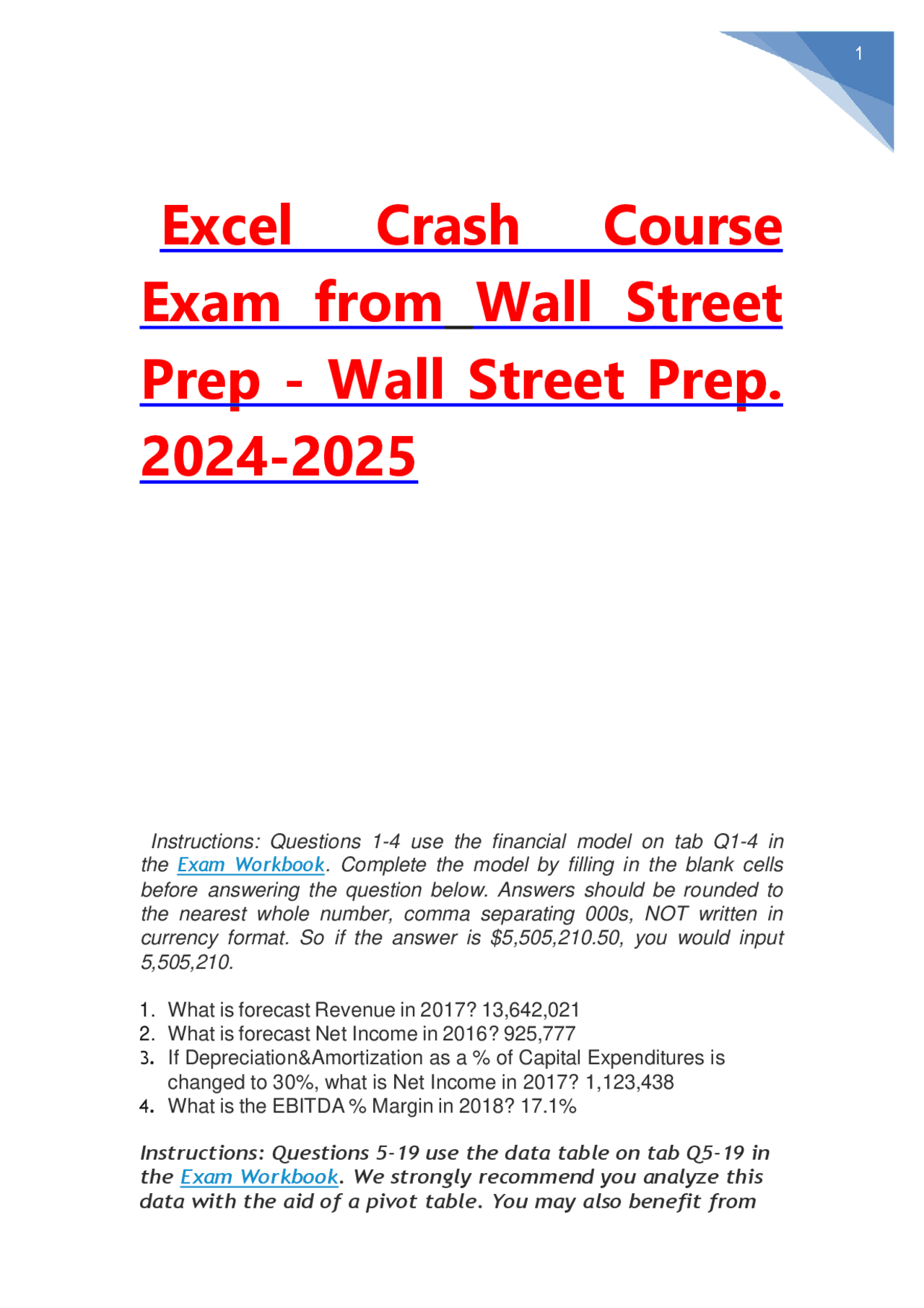 Excel Crash Course Exam from Wall Street Prep Wall Street Prep. 2024