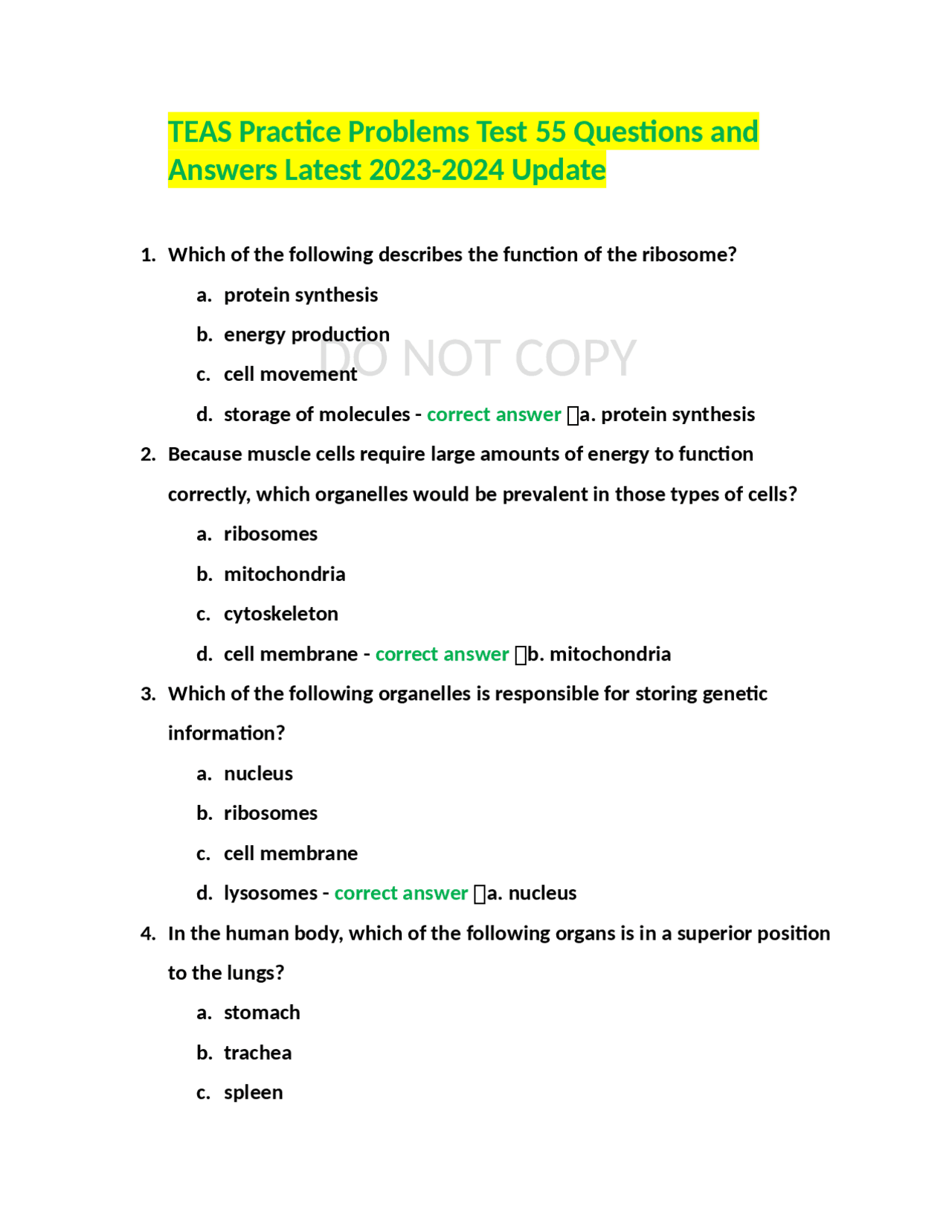 TEAS Practice Problems Test 55 Questions and Answers Latest 2023-2024 ...