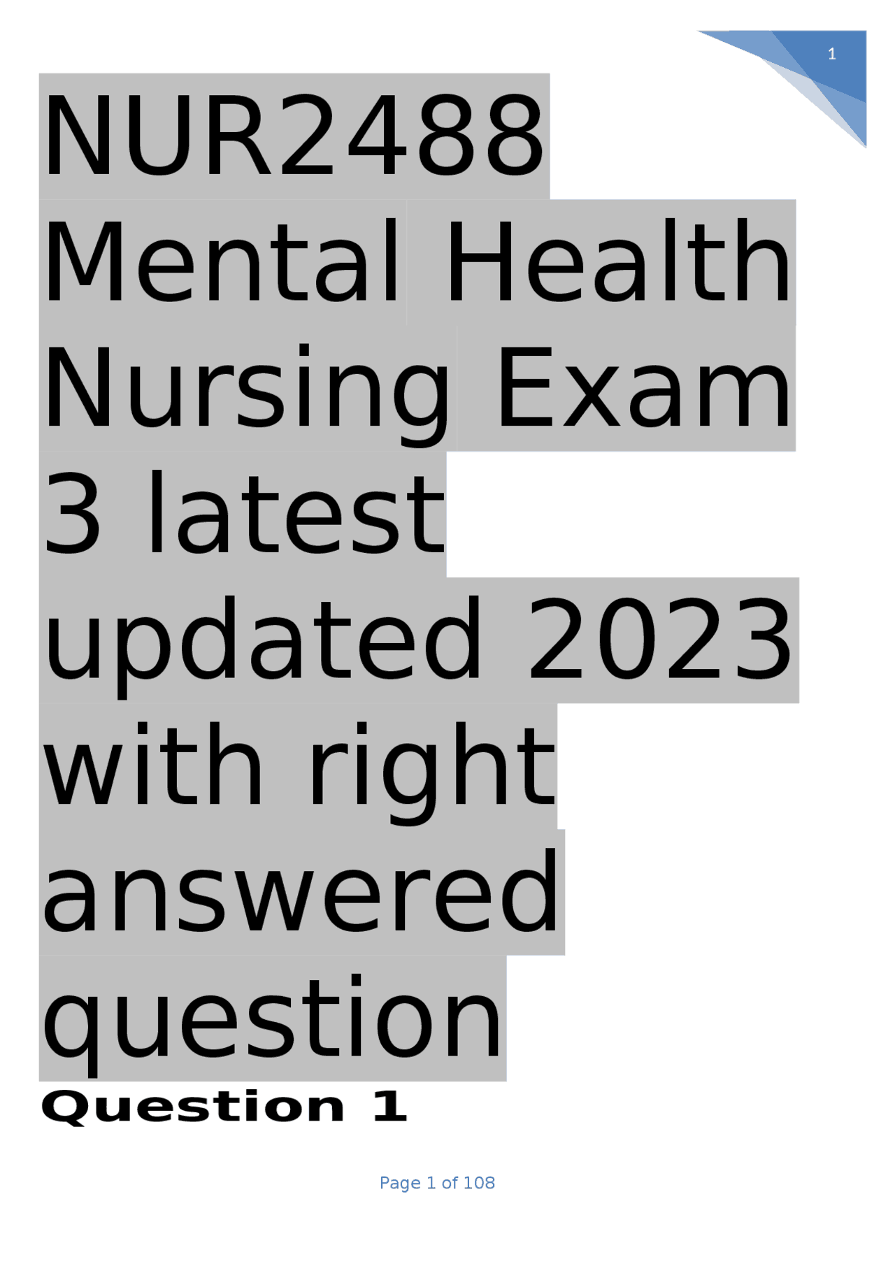 NUR2488 Mental Health Nursing Exam 3 latest updated 2023 with right answered question Exams