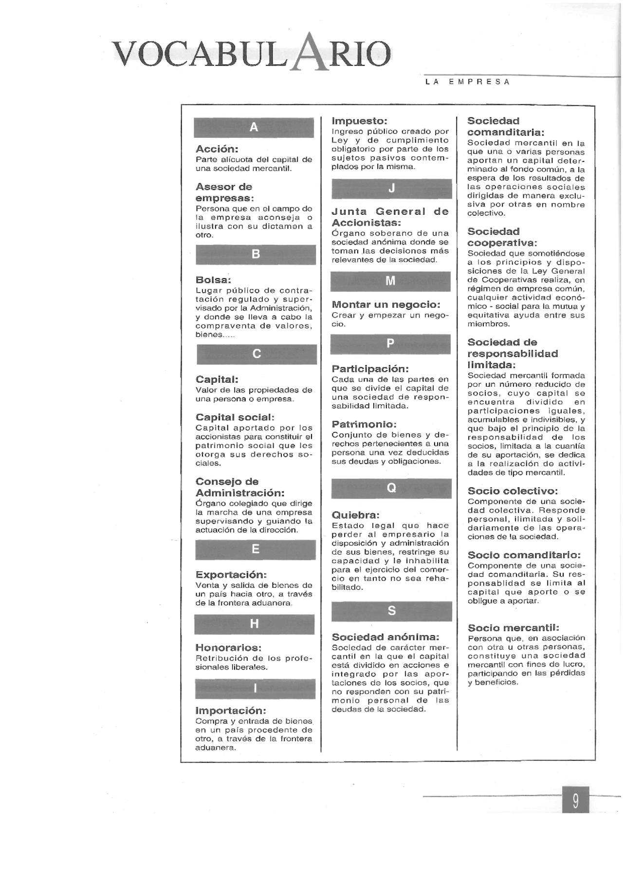 Glossario dell'impresa in spagnolo Schemi e mappe concettuali di
