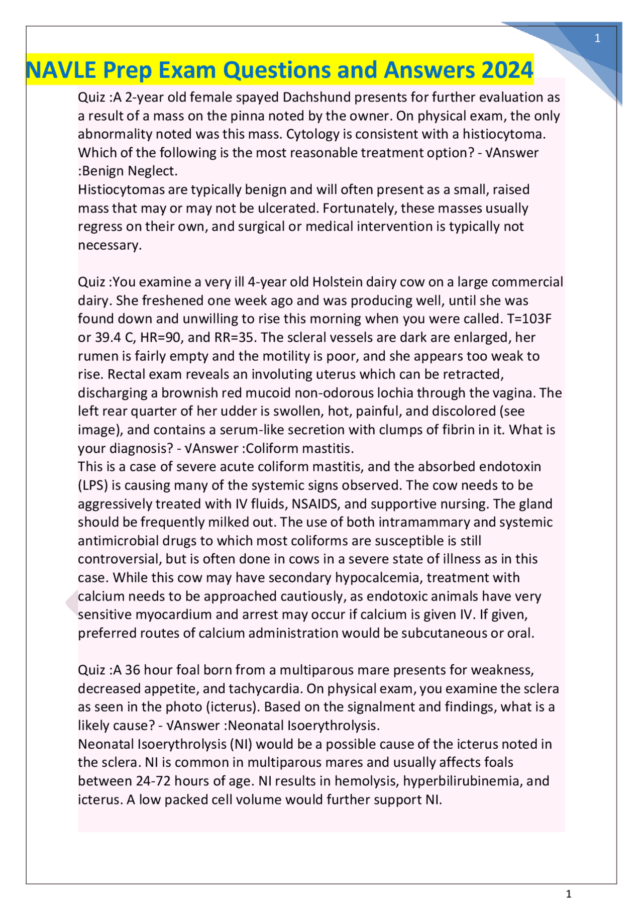 Navle Sample Questions NAVLE Prep Exam Questions and Answers 2024 | Exams Nursing | Docsity