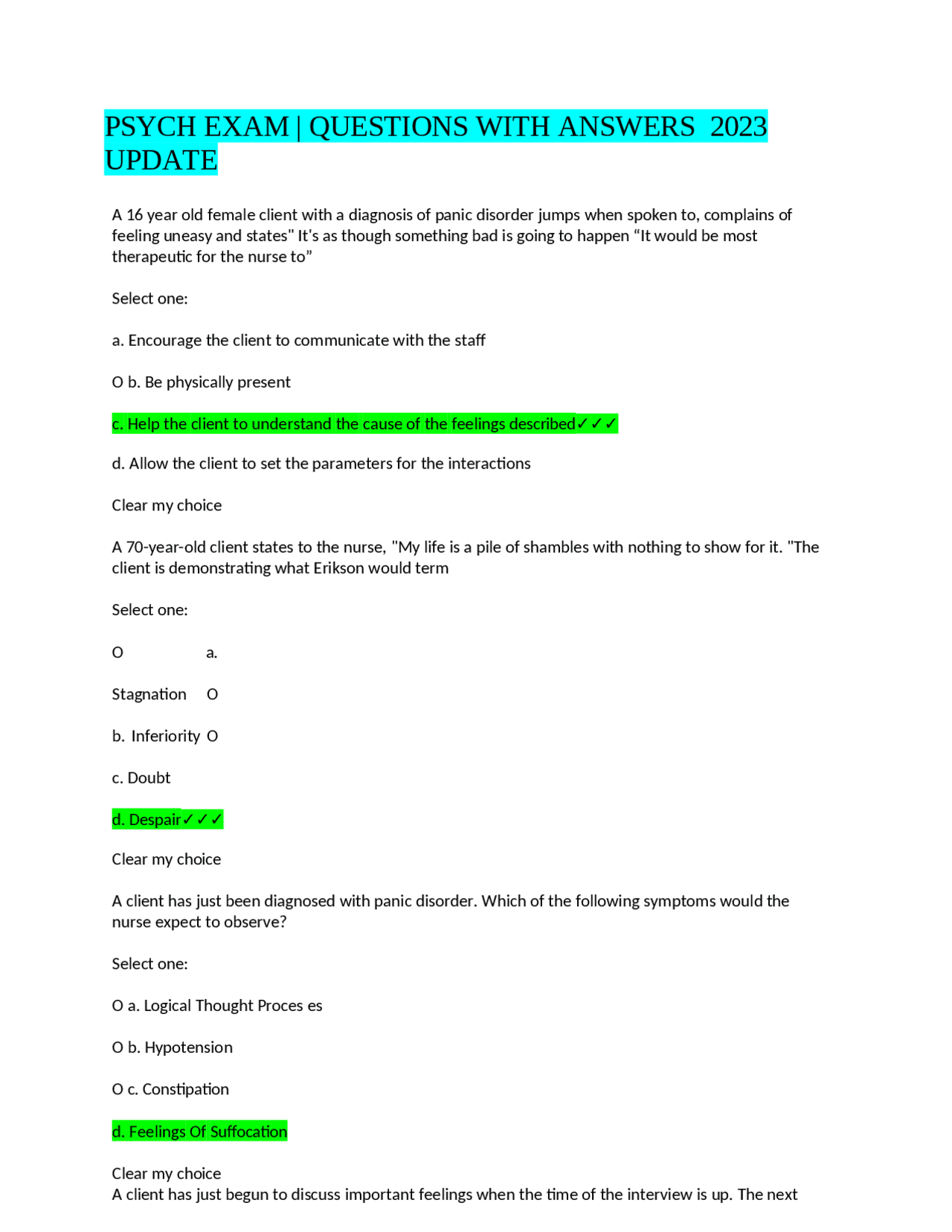 Psych Exam Questions with Answers | Exams Nursing | Docsity
