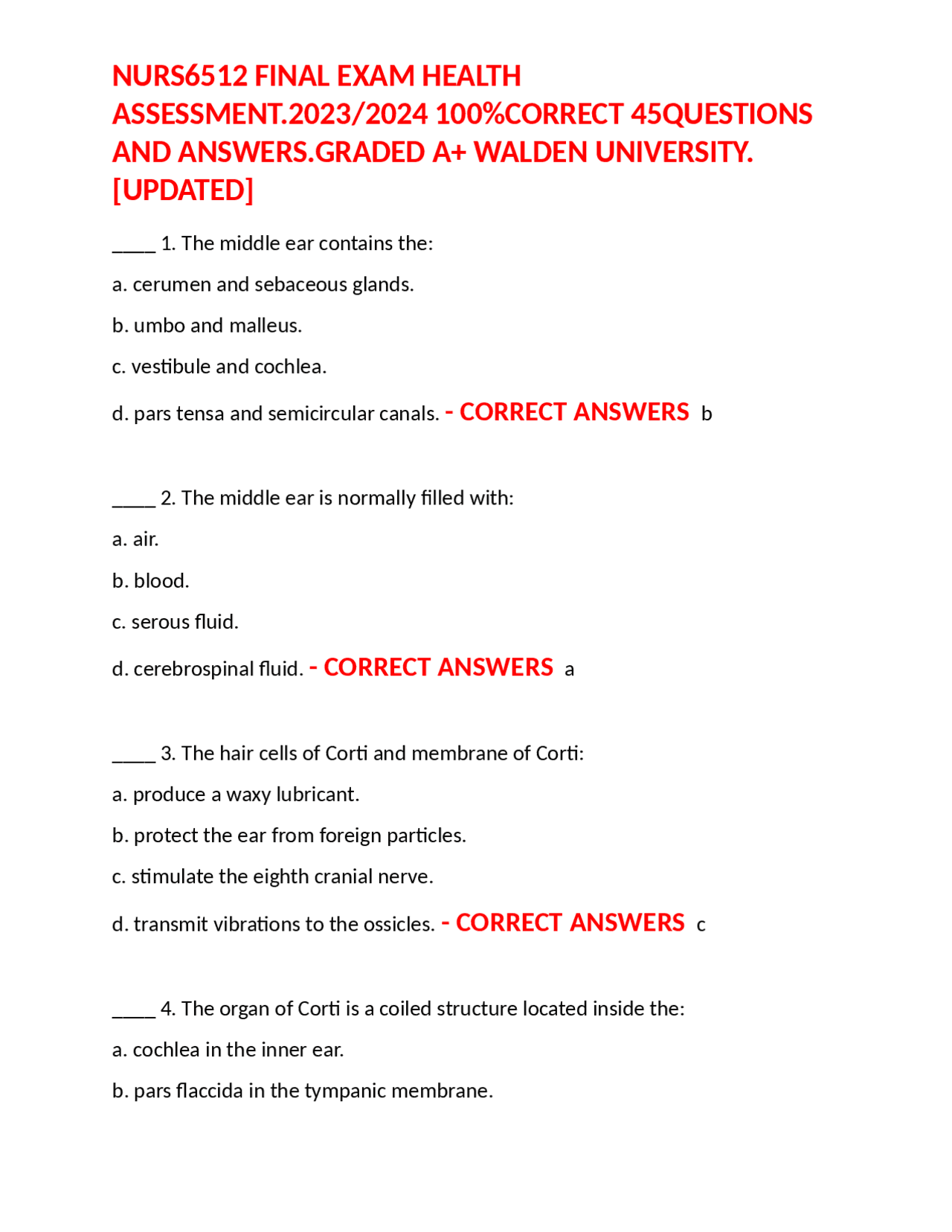 NURS6512 FINAL EXAM HEALTH ASSESSMENT.2023/2024 100CORRECT 45QUESTIONS