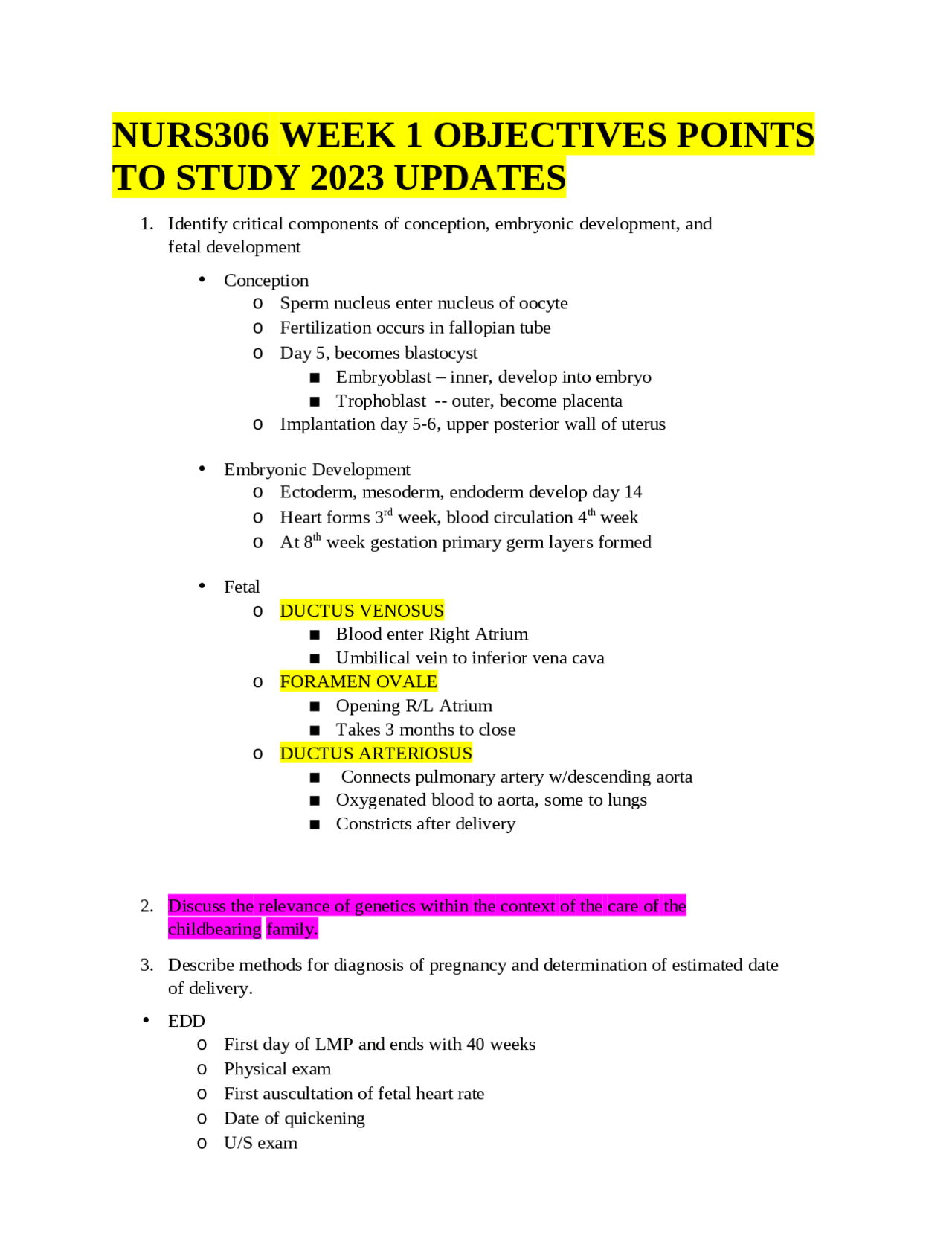 NURS306 Week 1 Objectives Points to Study 2023 Updates | Exams Nursing ...