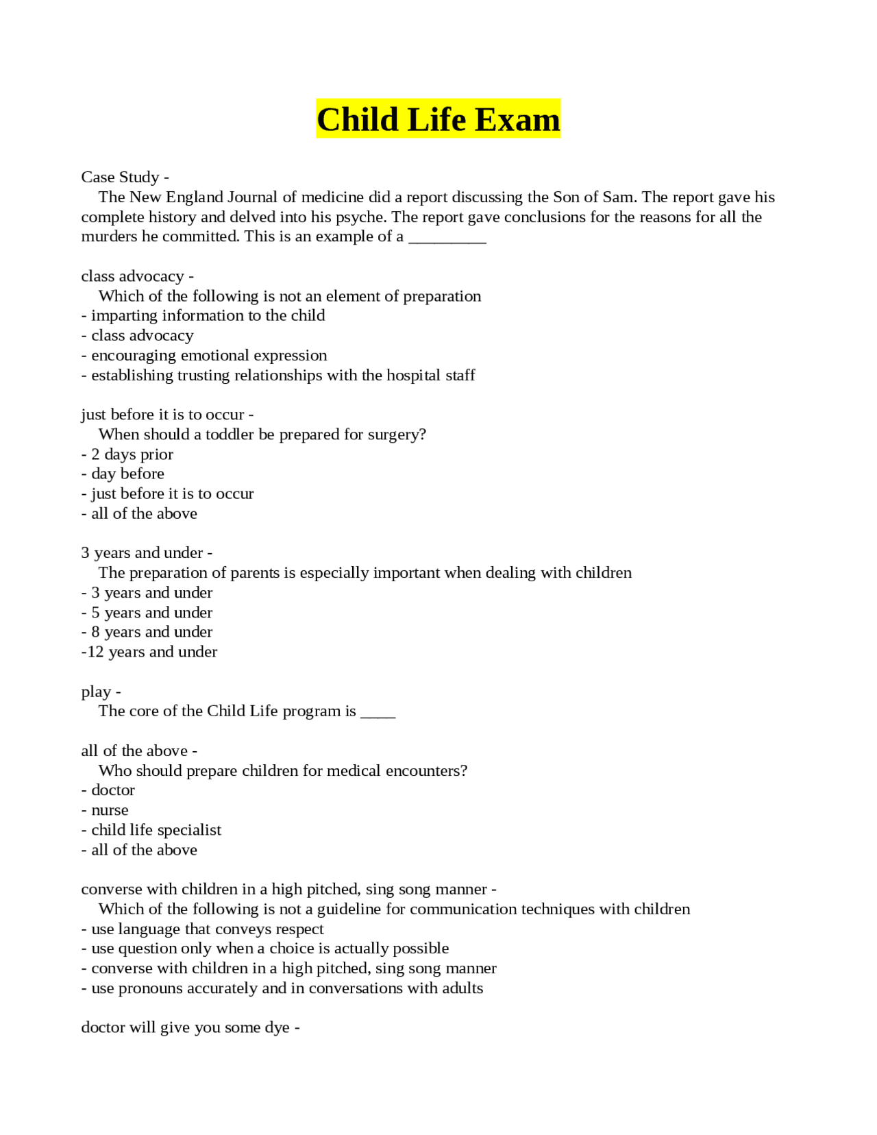 Child Life Exam Case Study Exams Developmental Psychology Docsity