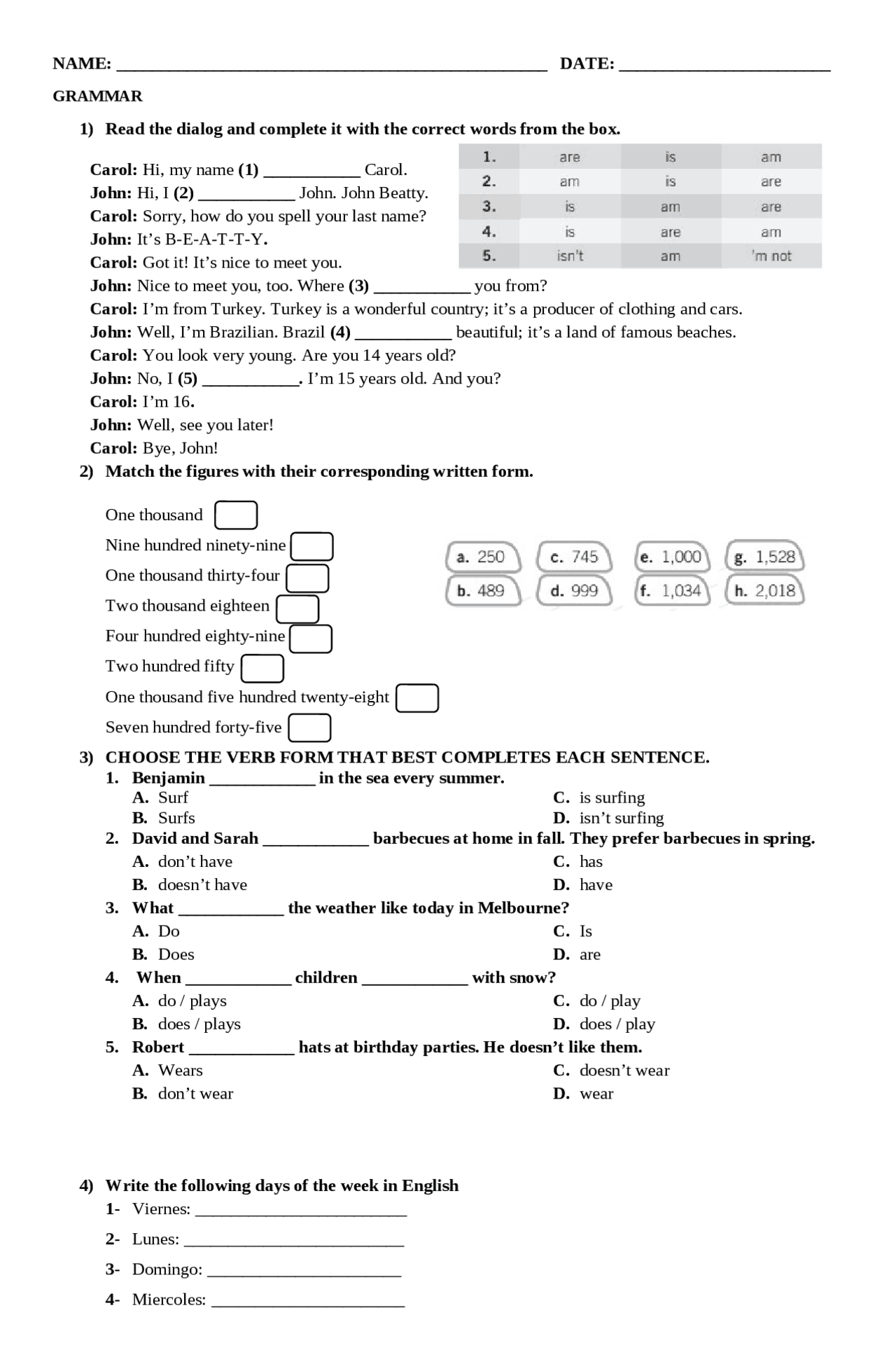 Examen de inglés para grado 6 | Exámenes selectividad de Inglés | Docsity