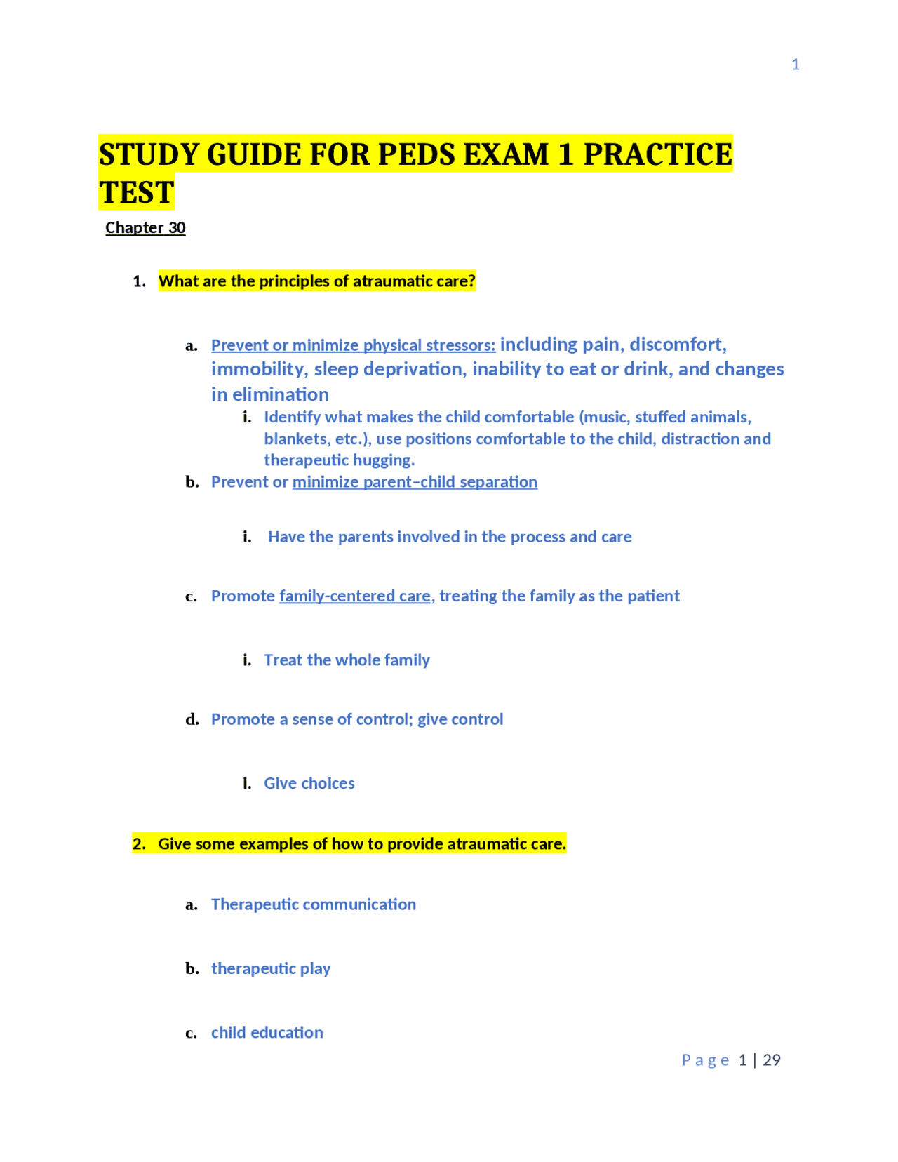 STUDY GUIDE FOR PEDS EXAM 1 PRACTICE TEST | Exams Forensics | Docsity