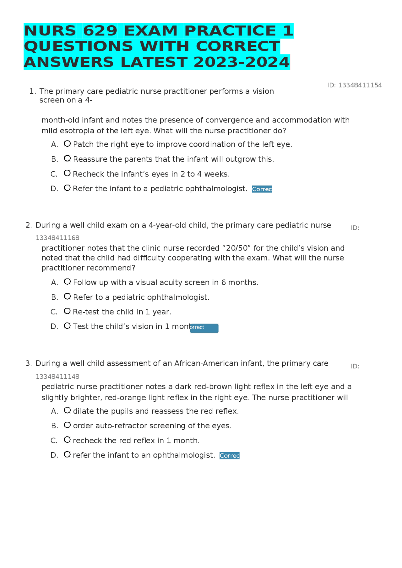 NURS 629 EXAM PRACTICE 1 QUESTIONS WITH CORRECT ANSWERS LATEST 2023 ...