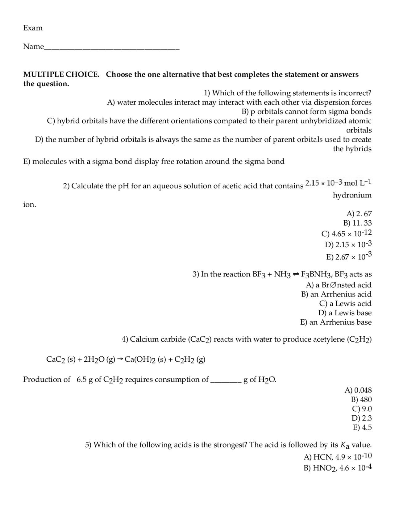 chemistry practice exam | Exams Chemistry | Docsity