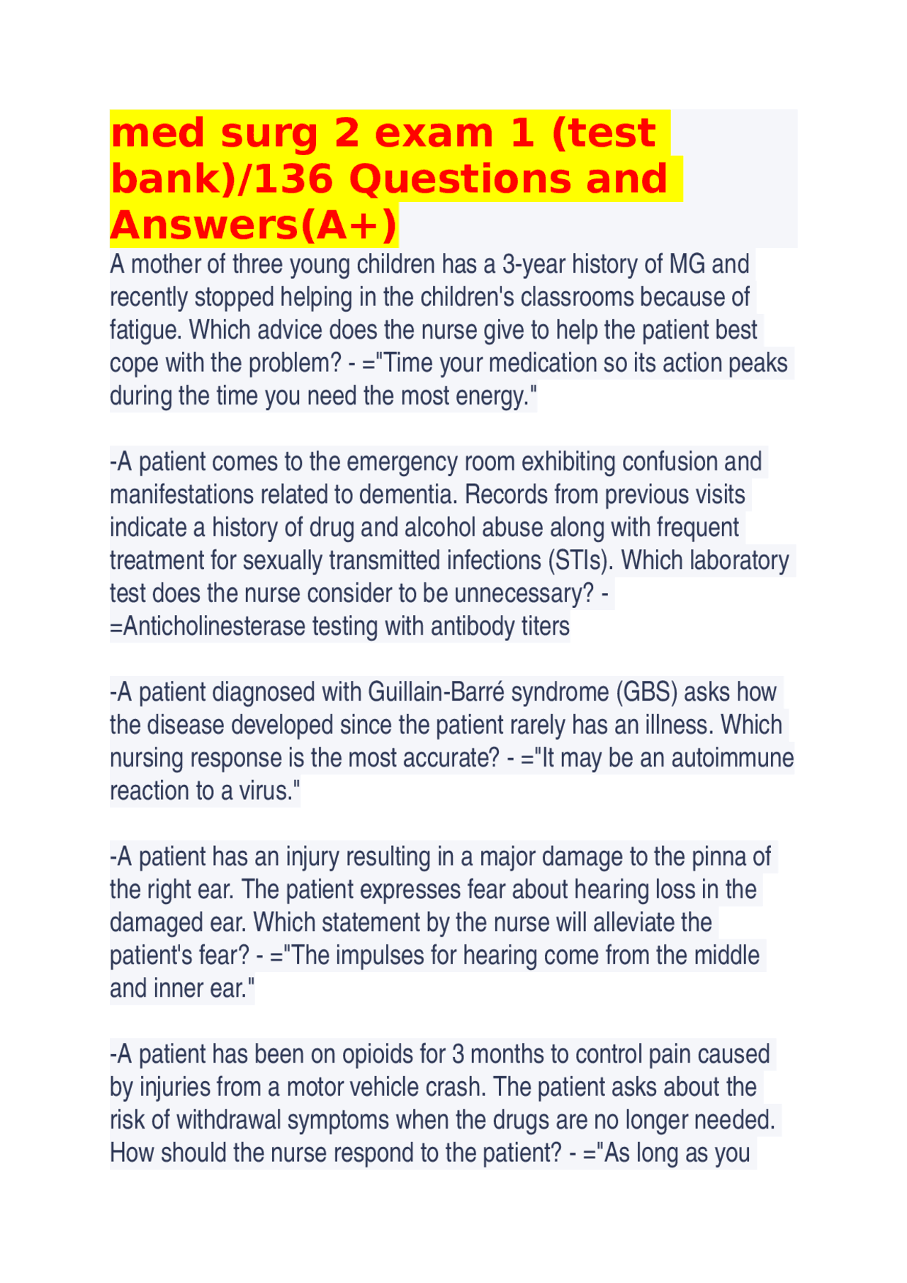 med surg 2 exam 1 (test bank)/136 Questions and Answers | Exams ...