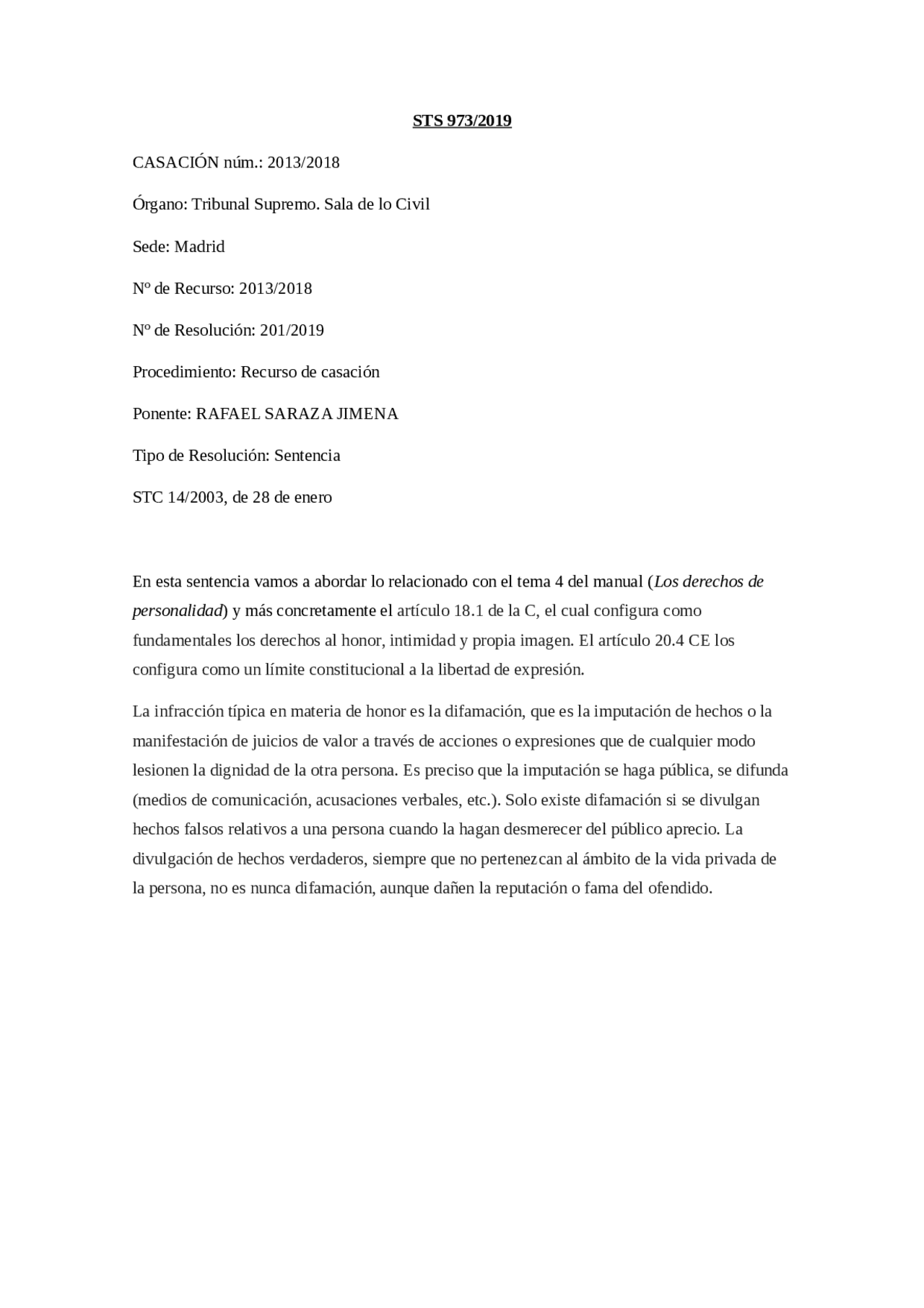 Trabajo Sentencia Civil | Ejercicios de Derecho Civil | Docsity