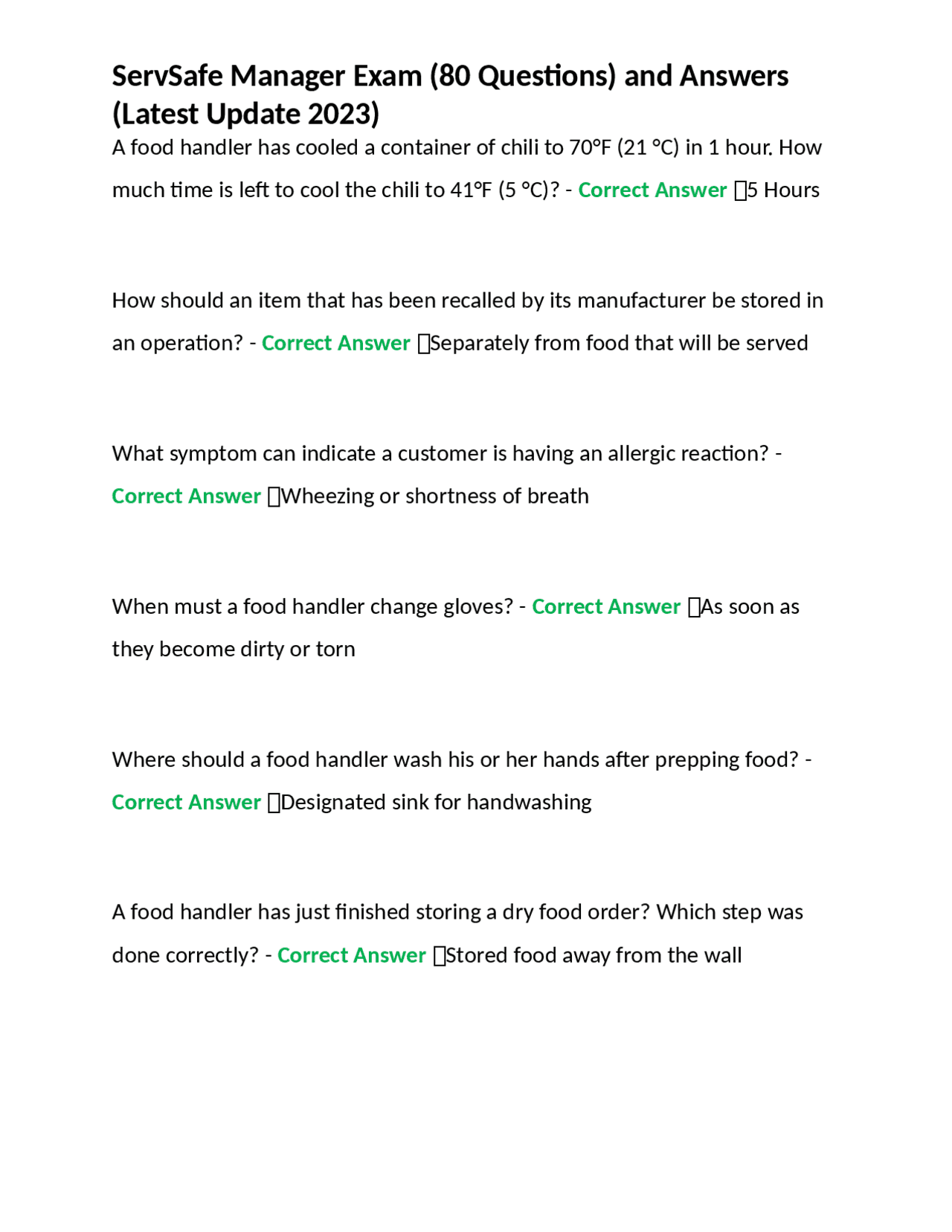 Servsafe Manager Exam 80 Questions And Answers Latest Update 2023 Servsafe Manager Exam 80 Questions And Answers Latest Update 2023
