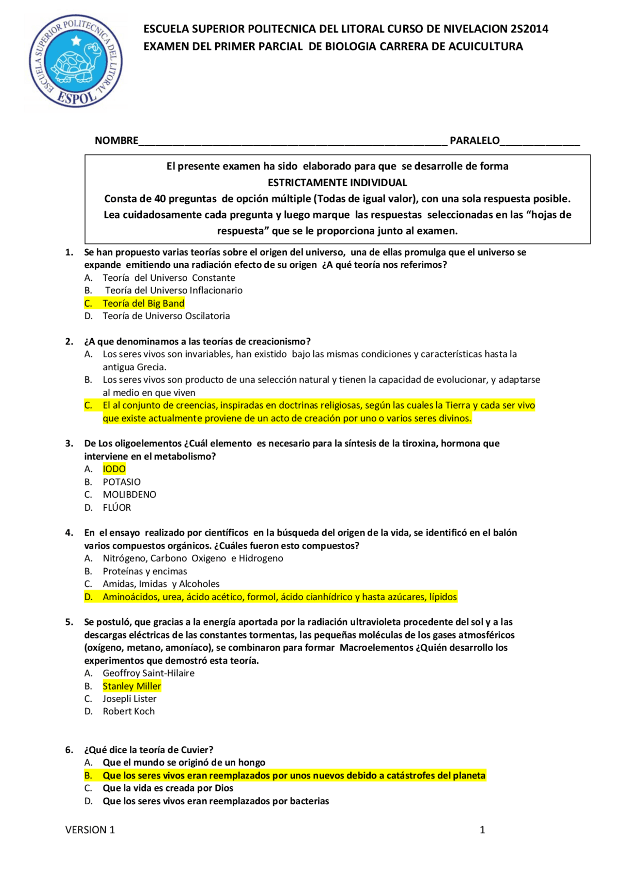 EXAMEN DE BIOLOGIA CON RESPUESTAS. Exámenes selectividad de Biología