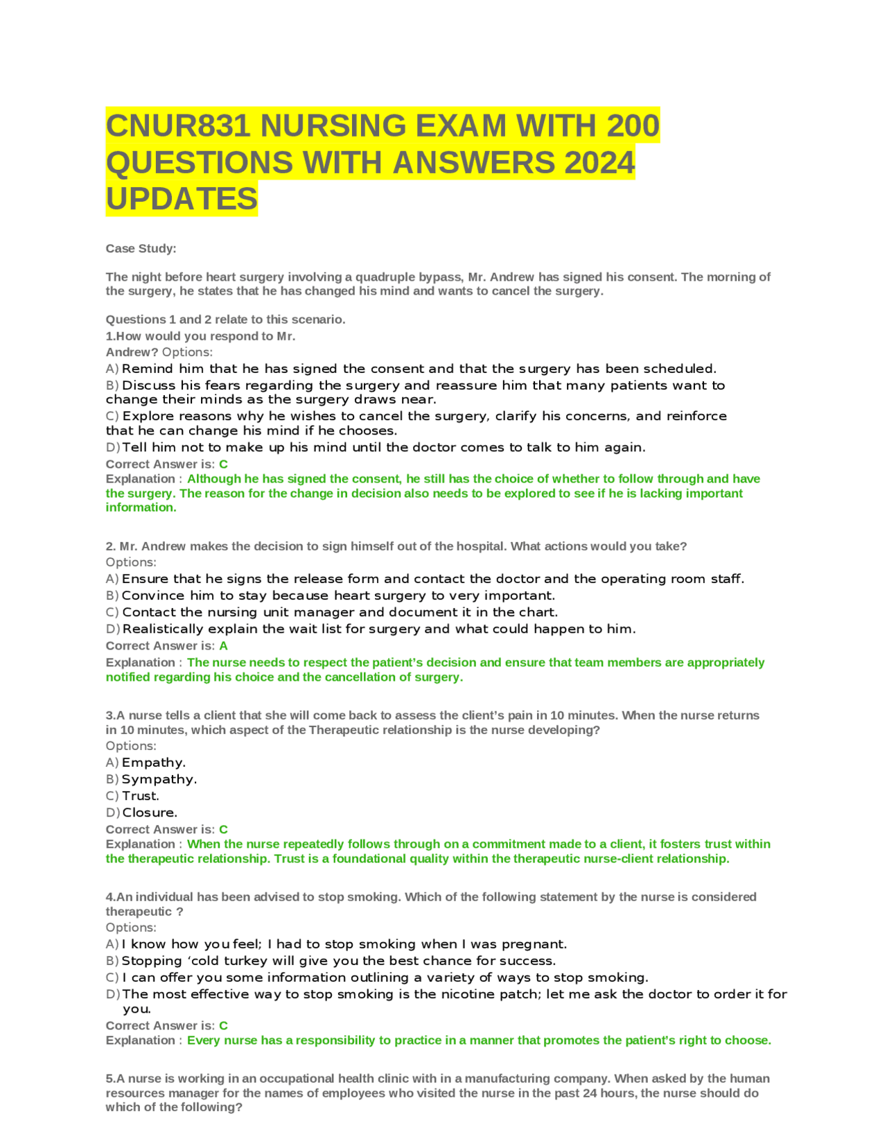 CNUR831 NURSING EXAM WITH 200 QUESTIONS WITH ANSWERS 2024 UPDATES ...