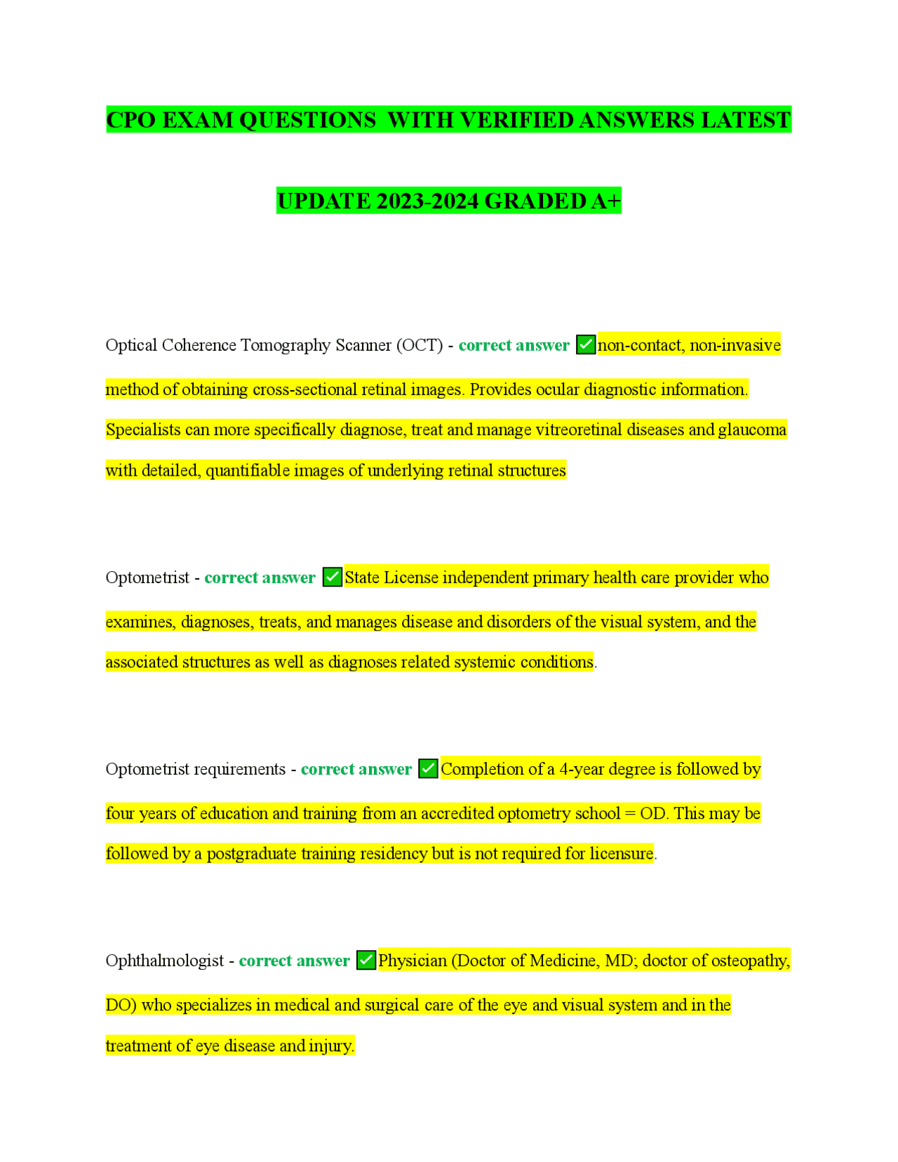 CPO EXAM 2023/2024 with CORRECT Questions and Answers | Exams Nursing ...