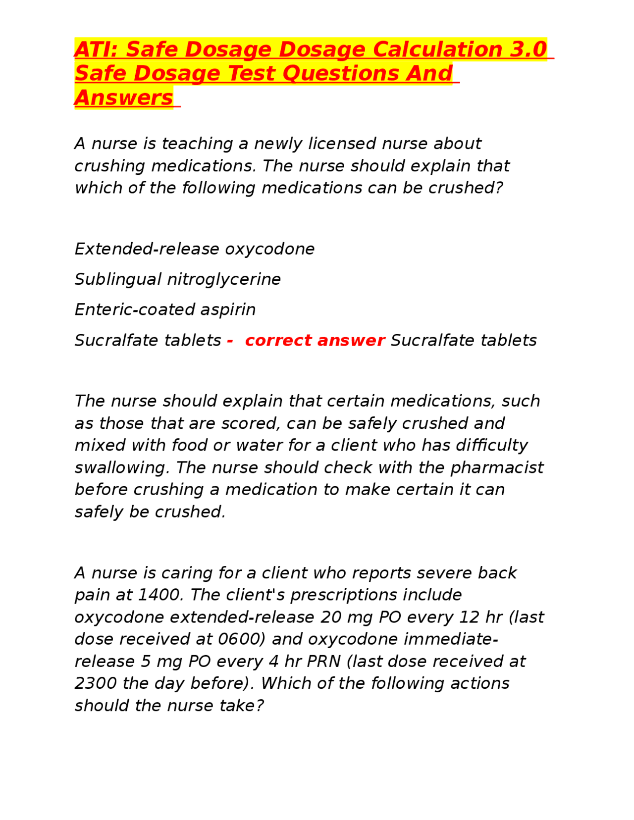 ATI Safe Dosage Dosage Calculation 3.0 Safe Dosage Test Questions And