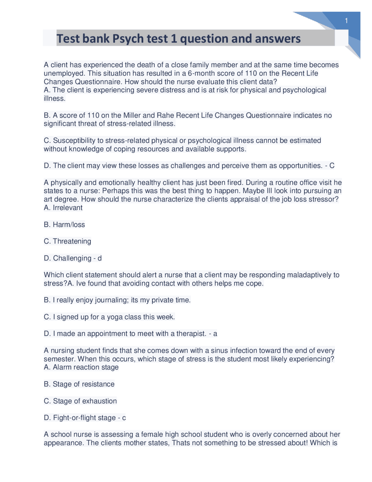Test bank Psych test 1 question and answers | Exams Nursing | Docsity