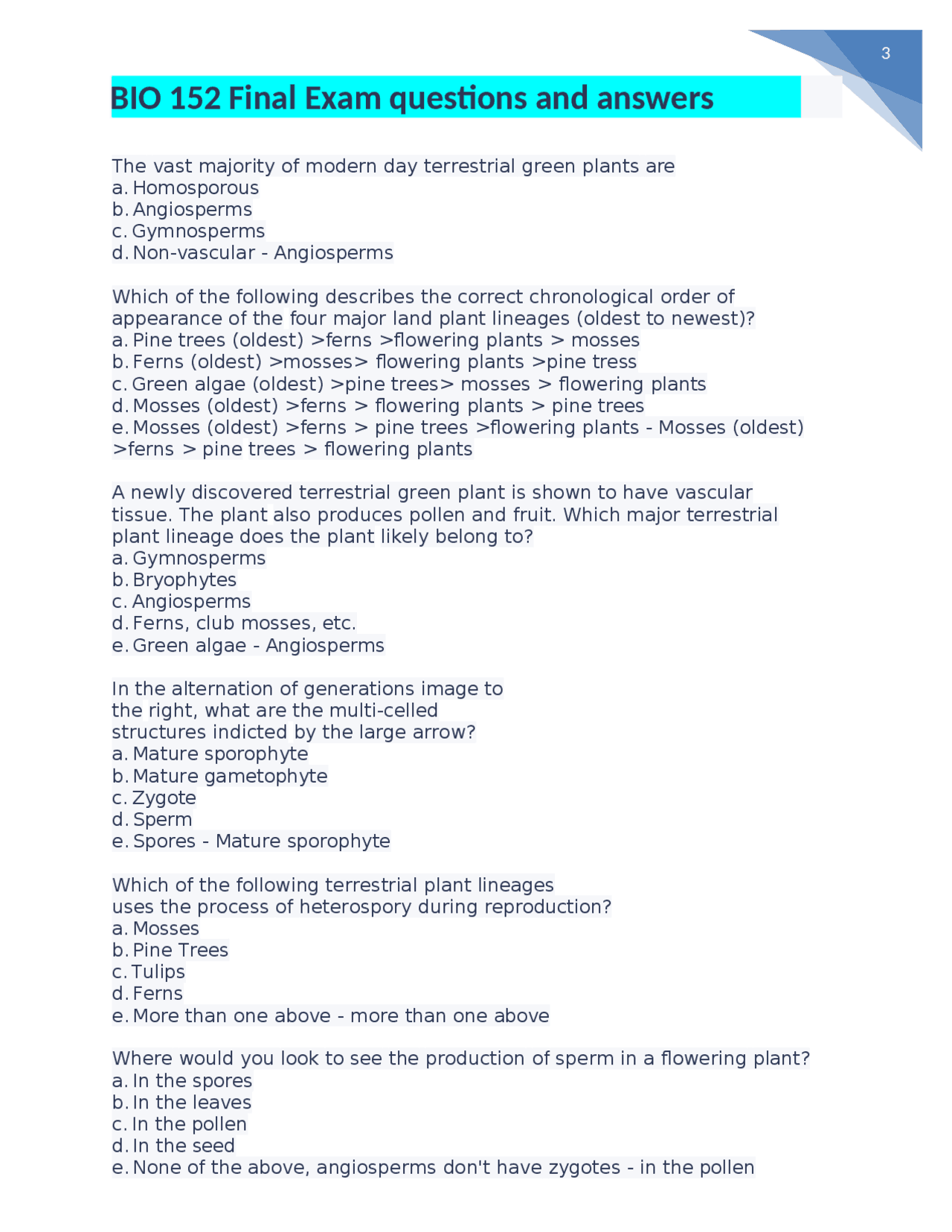 BIO 152 Final Exam questions and answers download for an A+ | Exams ...