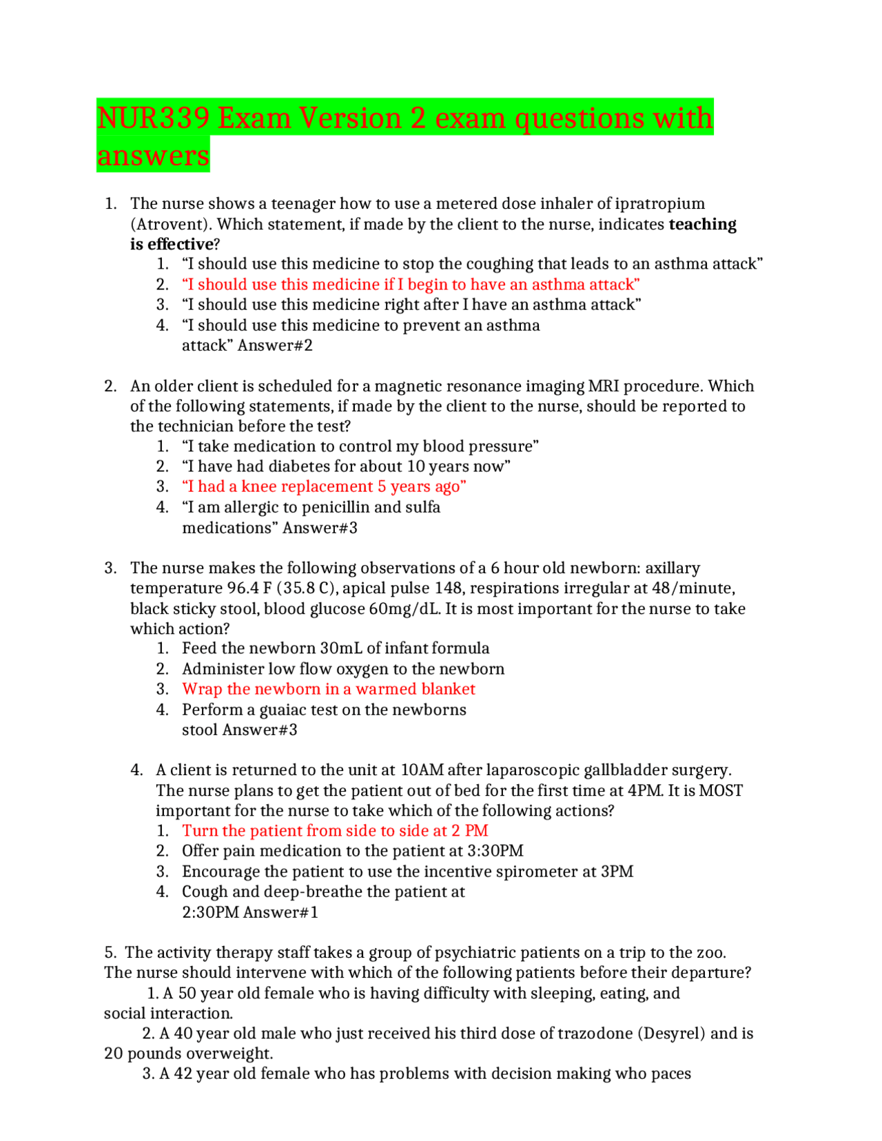 NUR339 Exam Version 2 Exam Questions with Answers | Exams Nursing | Docsity