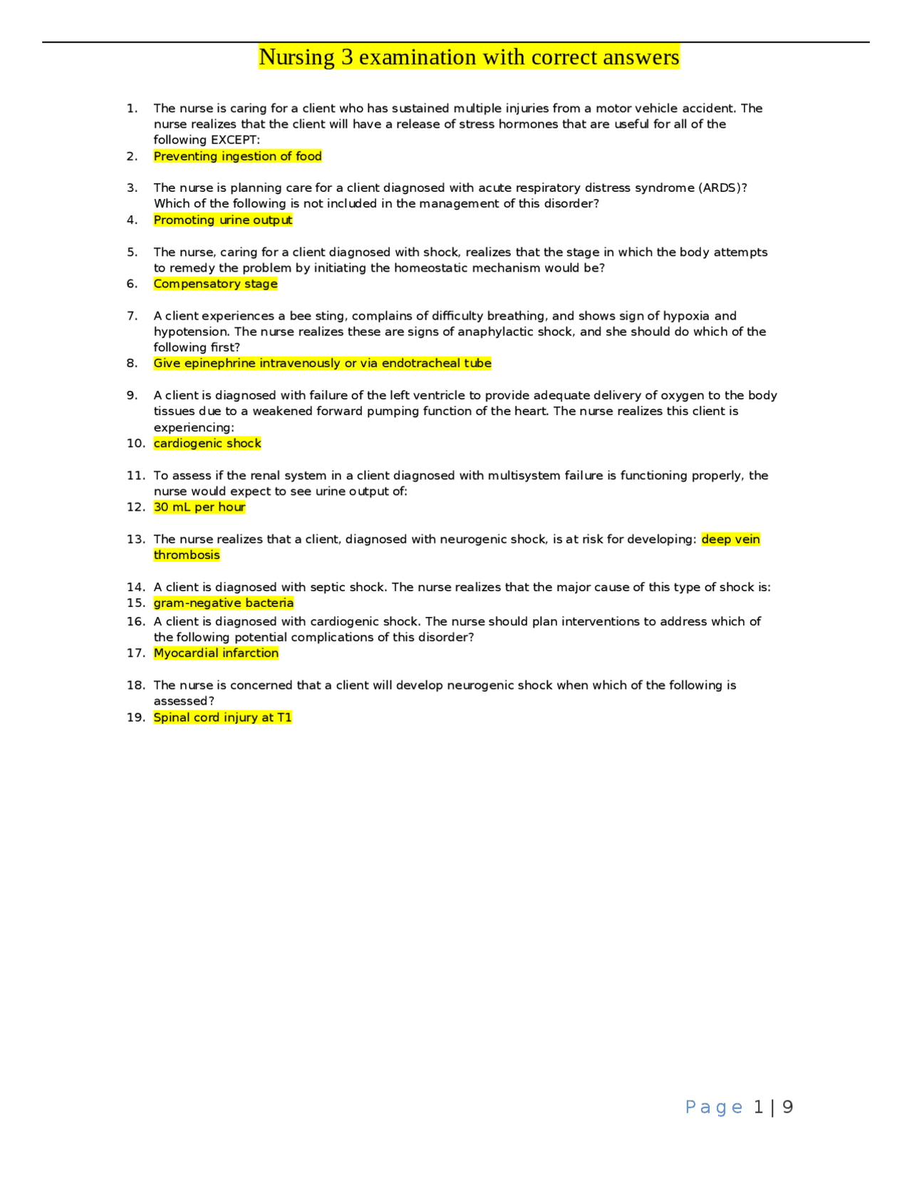 Nursing 3 Examination with Correct Answers | Exams Nursing | Docsity