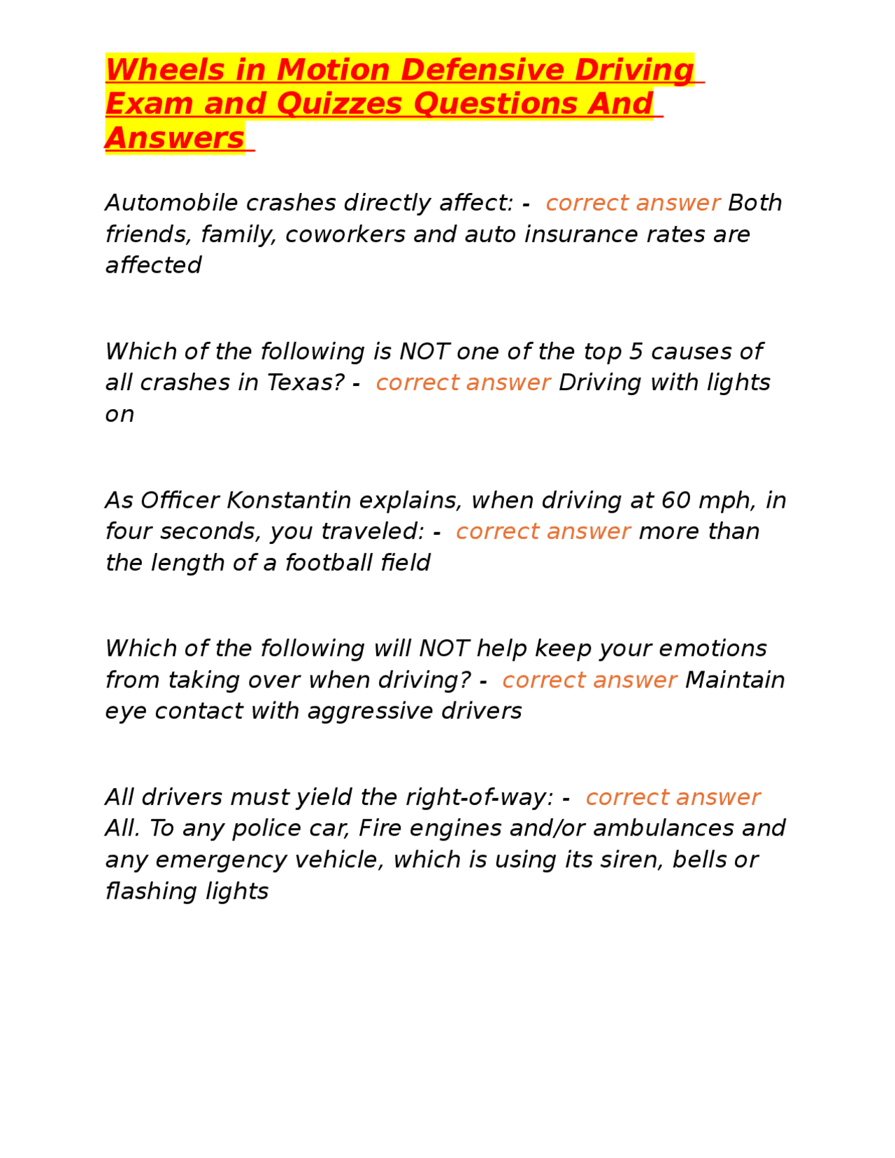 Wheels in Motion Defensive Driving Exam and Quizzes Questions And