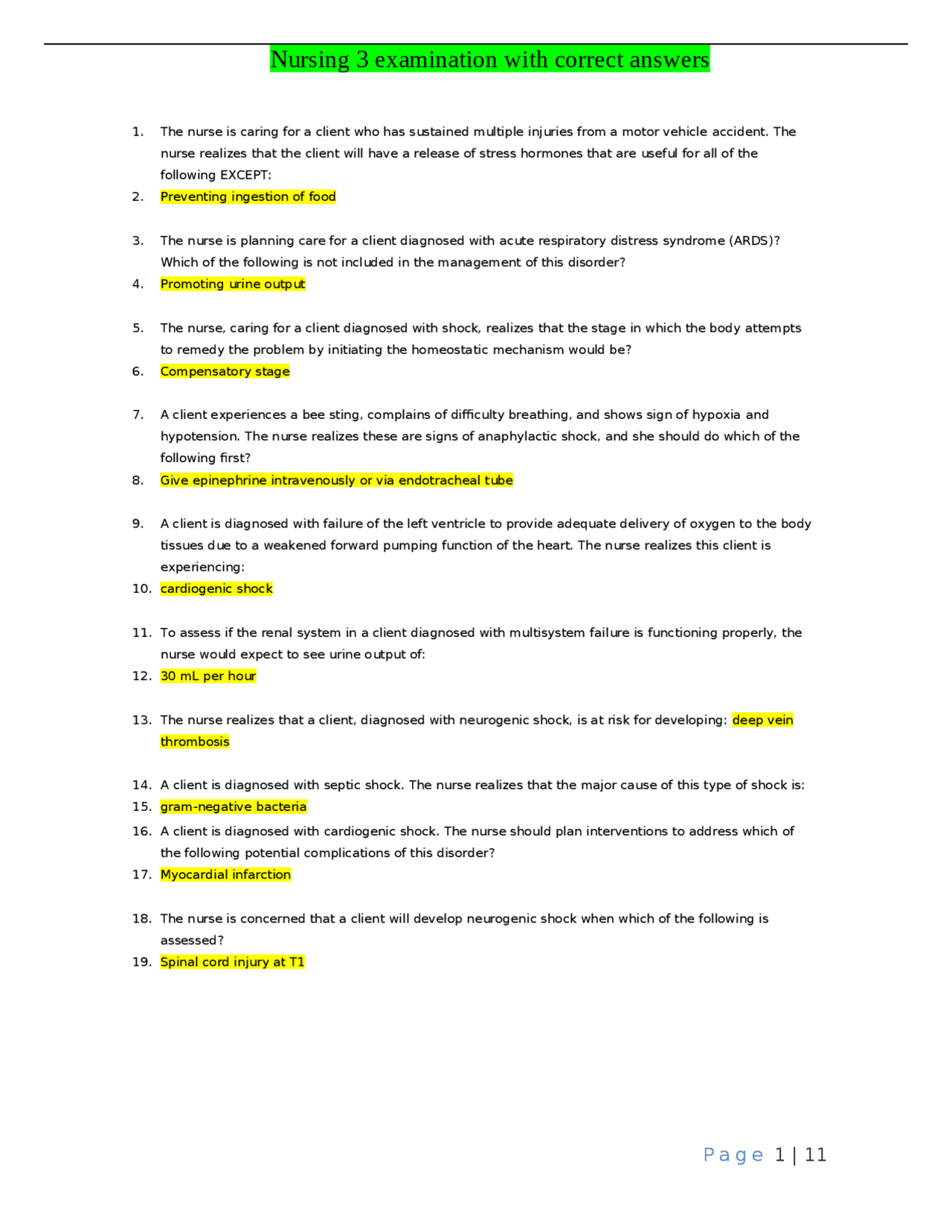 Nursing 3 Examination with Correct Answers | Exams Nursing | Docsity