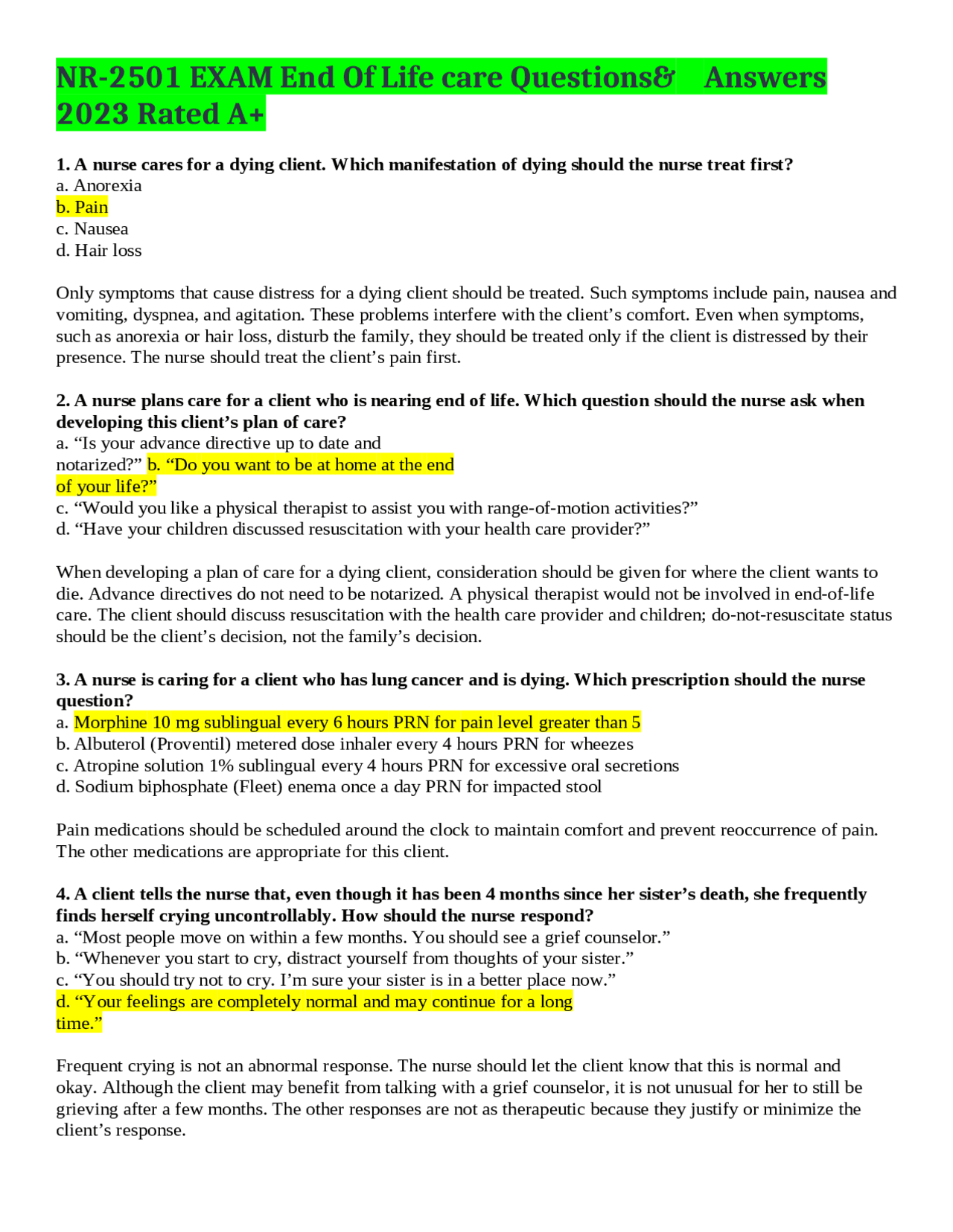 End of Life Care Exam Questions and Answers | Exams Nursing | Docsity