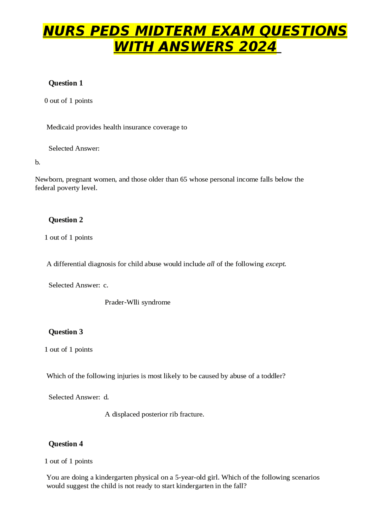 NURS PEDS MIDTERM EXAM QUESTIONS WITH ANSWERS 2024 | Exams Nursing ...