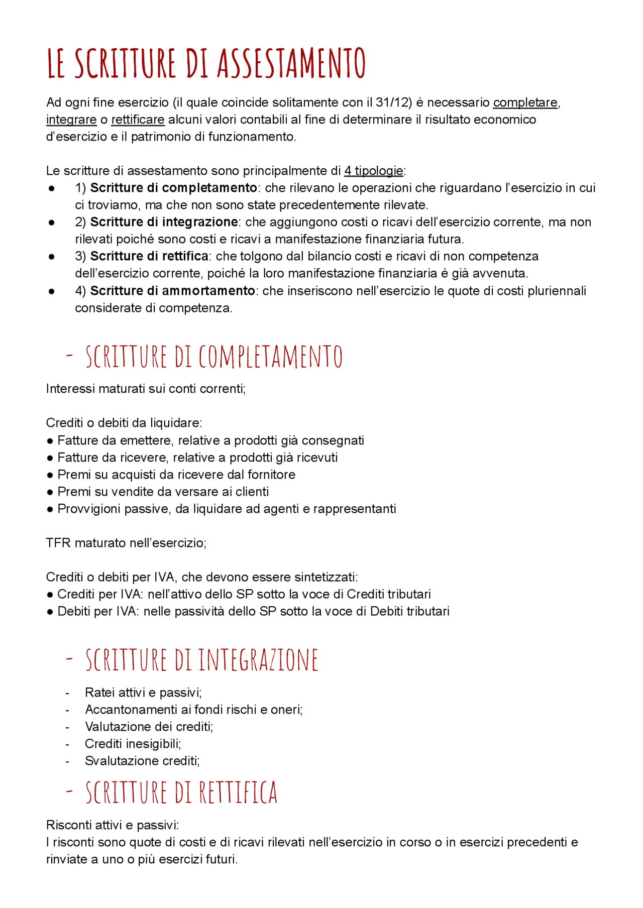 Le scritture di assestamento, tipologie, sintesi delle varie tipologie e  esempi | Schemi e mappe concettuali di Economia aziendale | Docsity