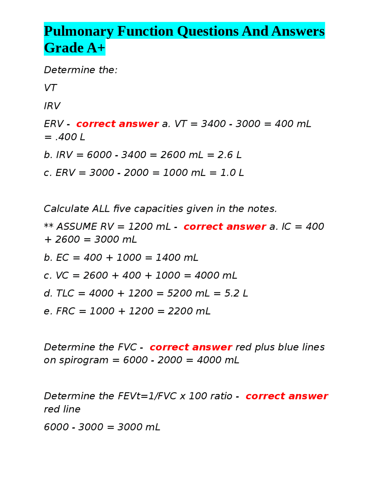 Pulmonary Function Questions And Answers Grade A+ | Exams Functional ...