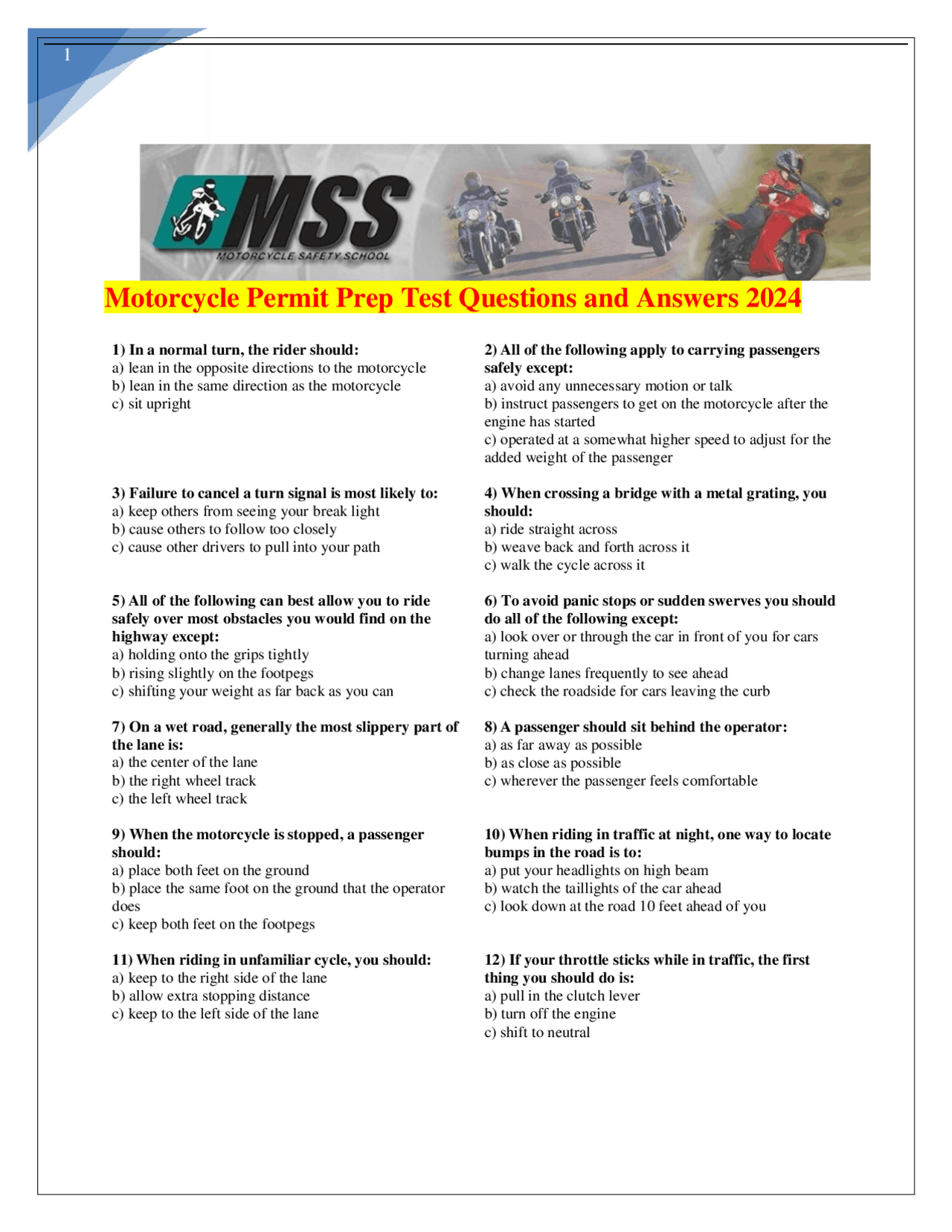 Motorcycle Permit Prep Test Questions and Answers 2024 | Exams European Computer Driving Licence ...