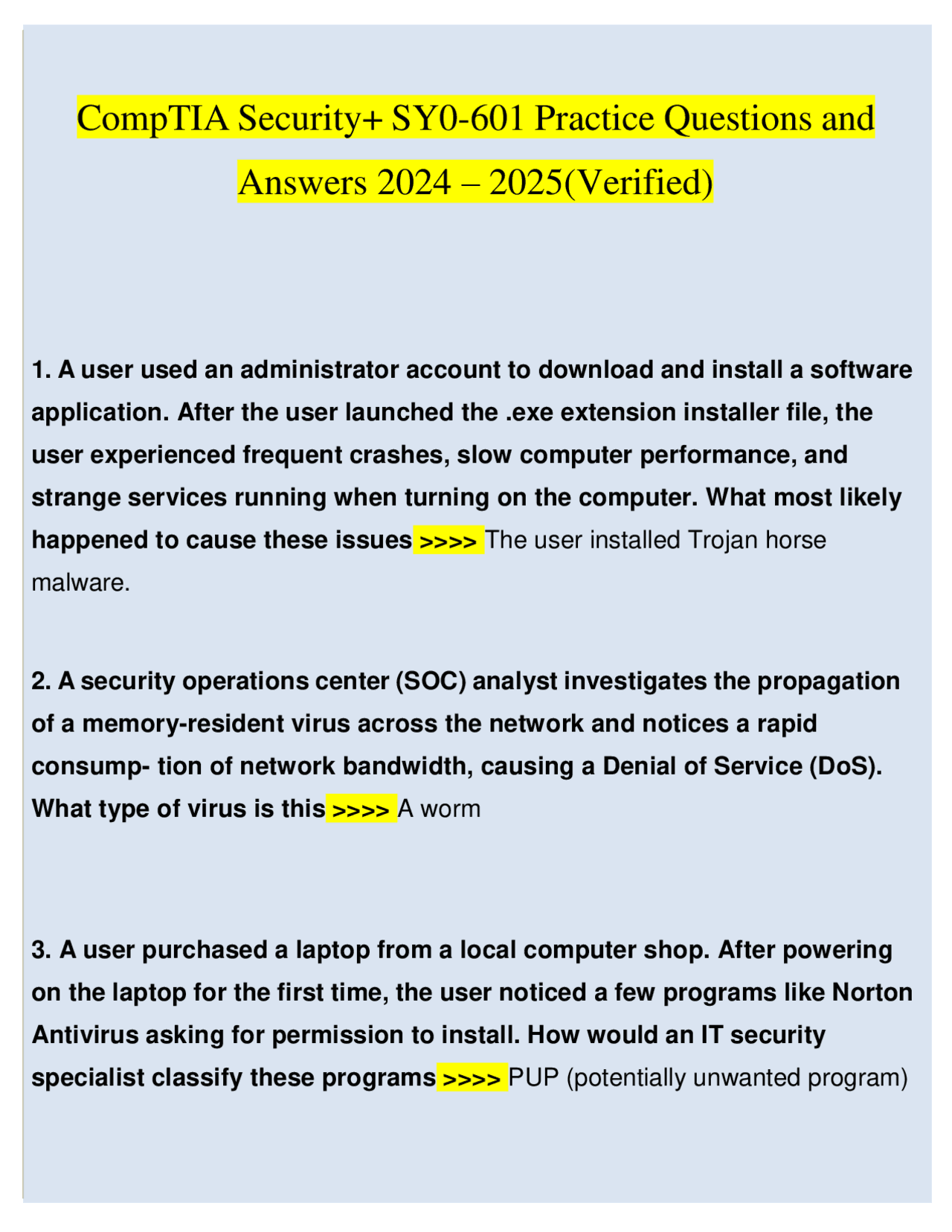 compTIA Security+ SY0-601 Practice Questions and Answers