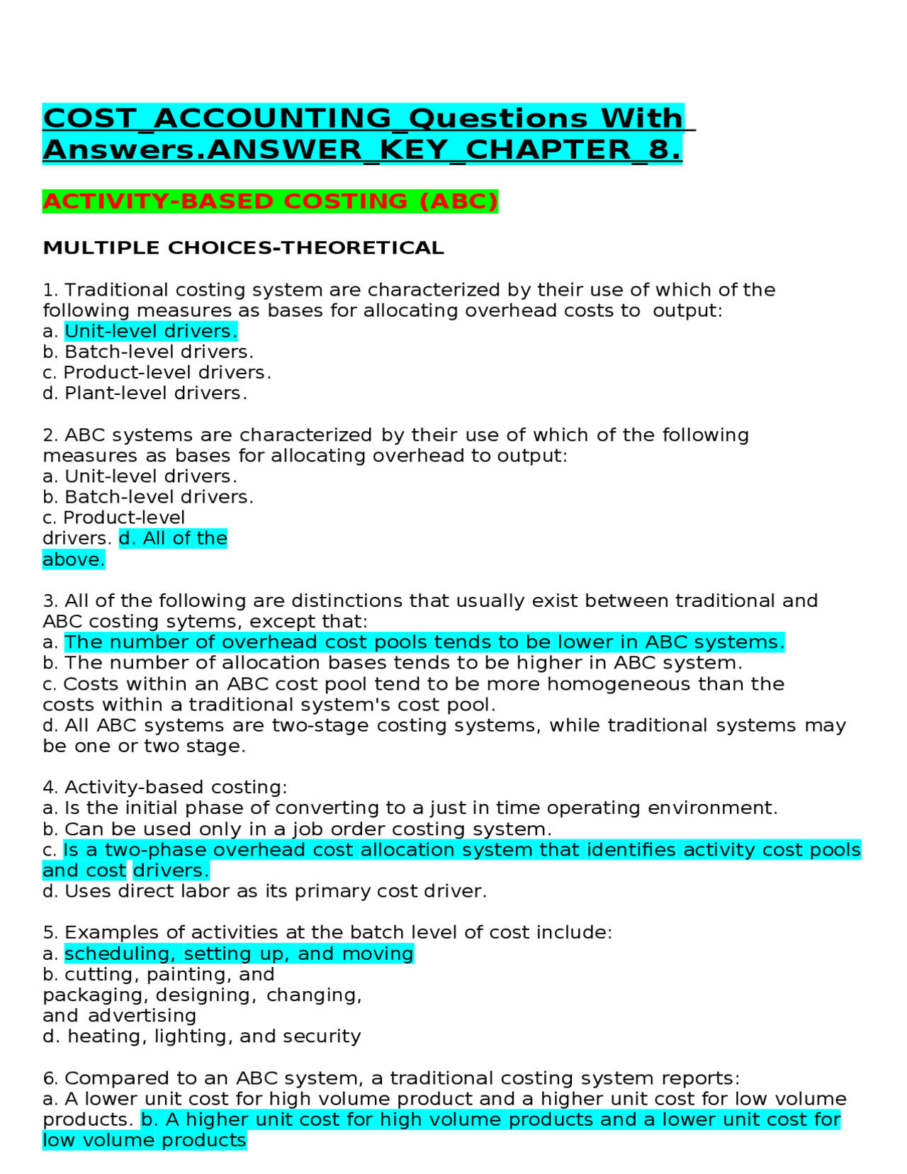 COST_ACCOUNTING_Questions With Answers.ANSWER_KEY_CHAPTER_8. Exams