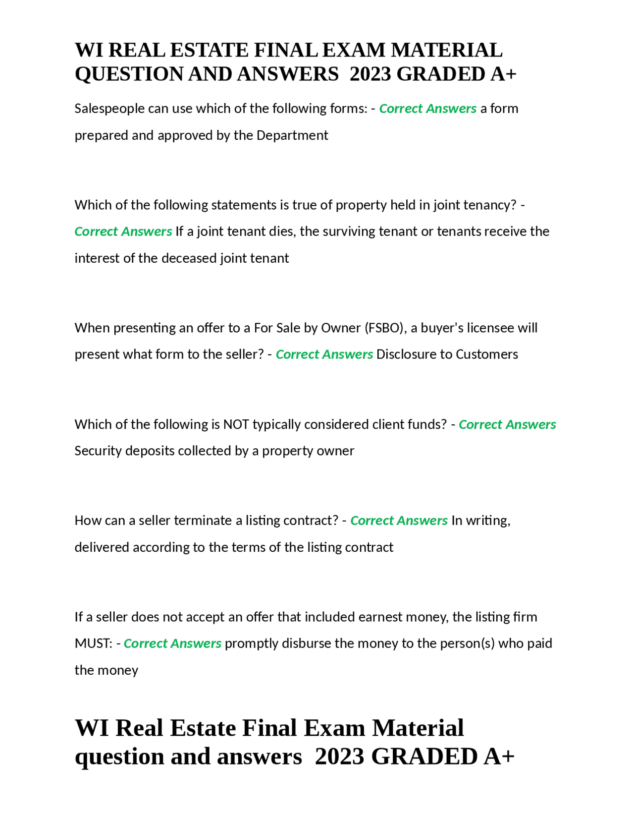 WI REAL ESTATE FINAL EXAM MATERIAL QUESTION AND ANSWERS 2023 GRADED A+