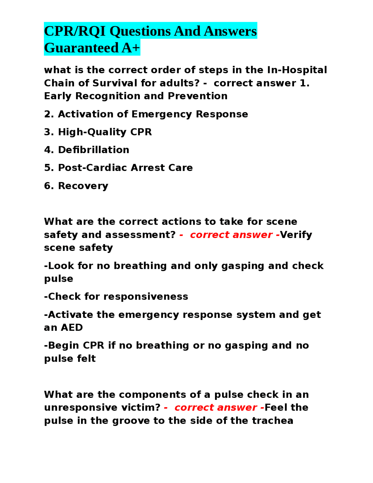 CPR/RQI Questions And Answers Guaranteed A+ | Exams Nursing | Docsity