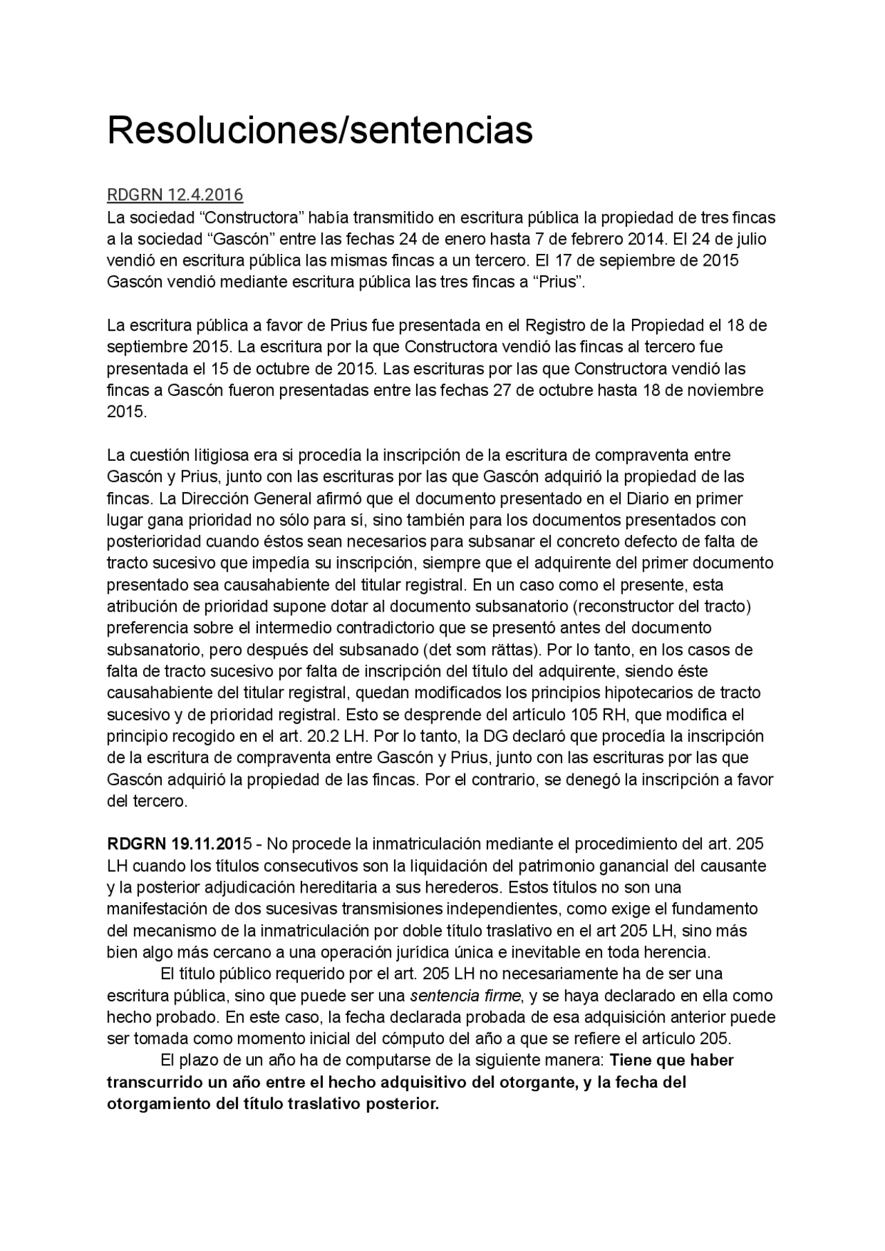 Resumenes de las sentencias/resoluciones de Derecho Inmobiliario